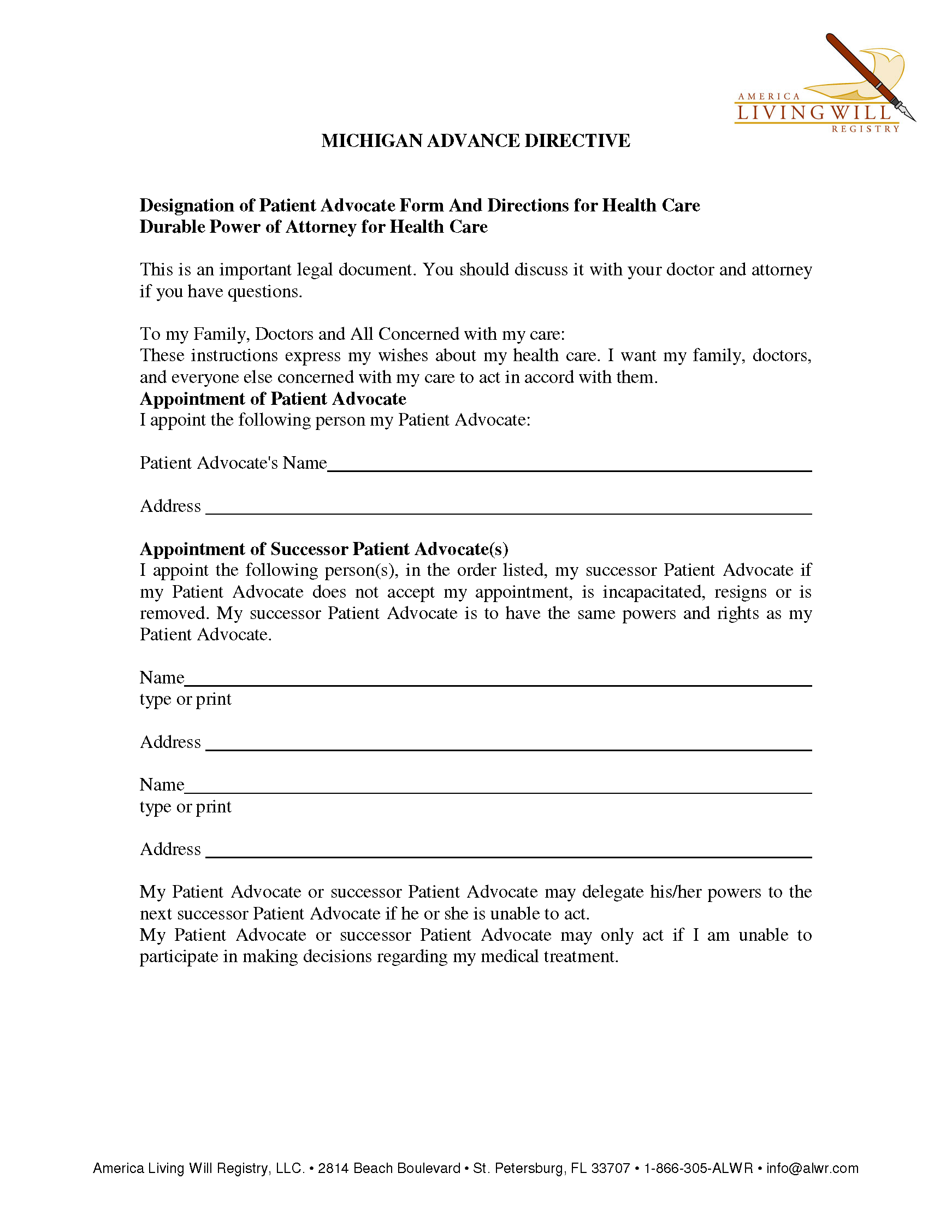 Free Michigan Advance Directive Form PDF EForms