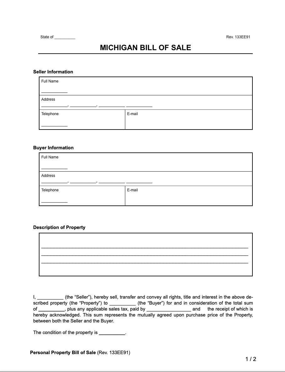 Free Michigan Bill Of Sale Forms Printable PDF U0026 Word