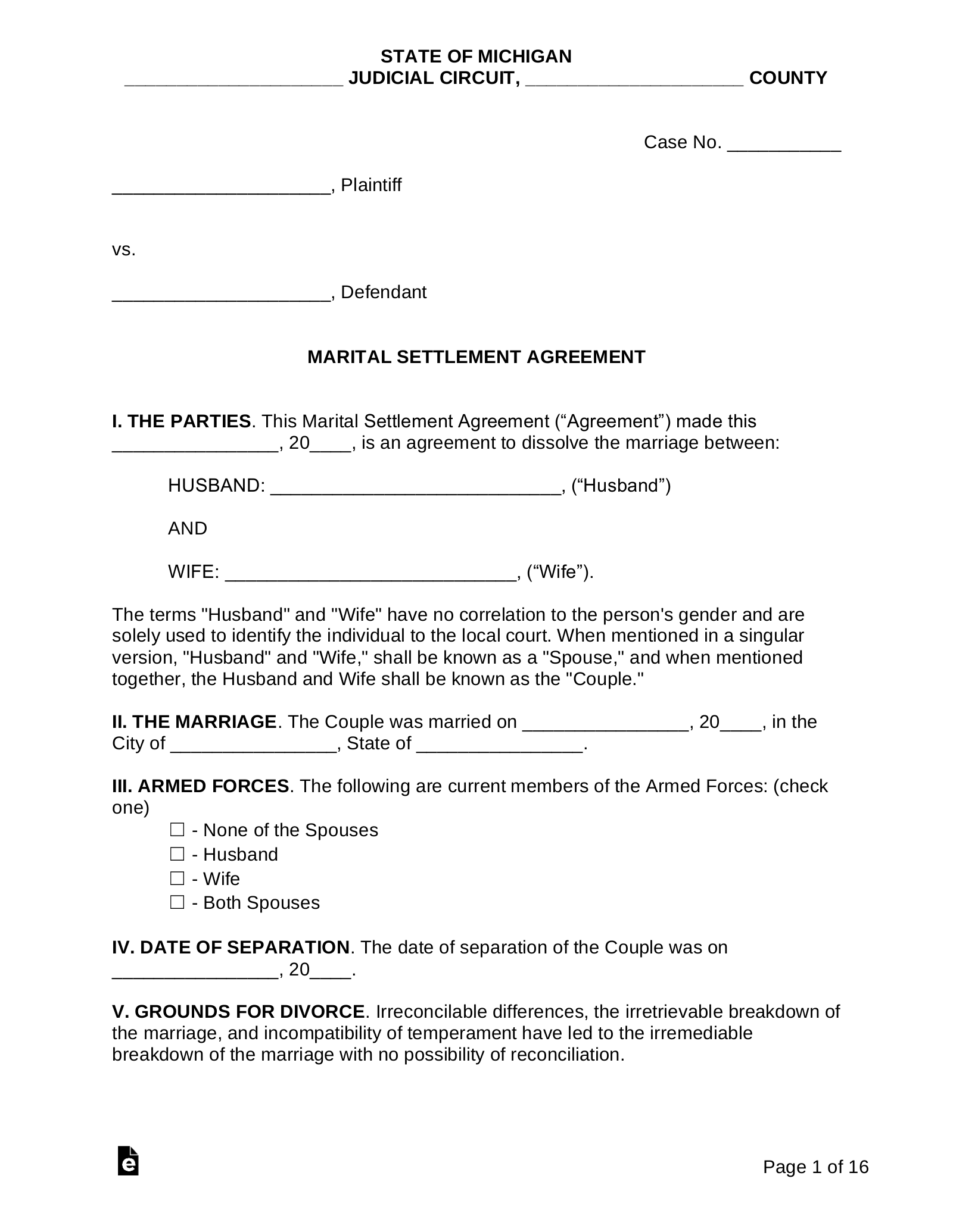 Free Michigan Marital Settlement Divorce Agreement PDF Word 
