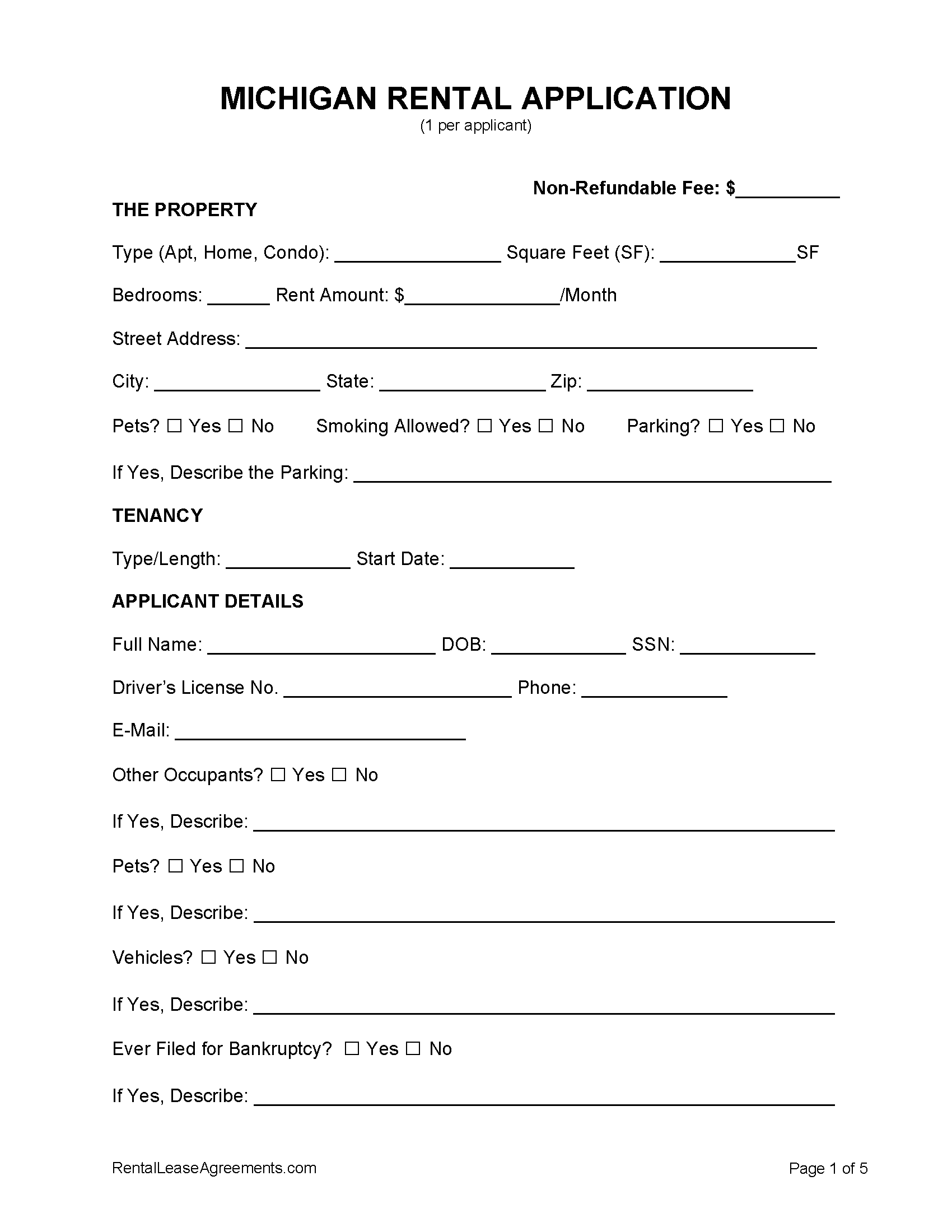Free Michigan Rental Application PDF MS Word