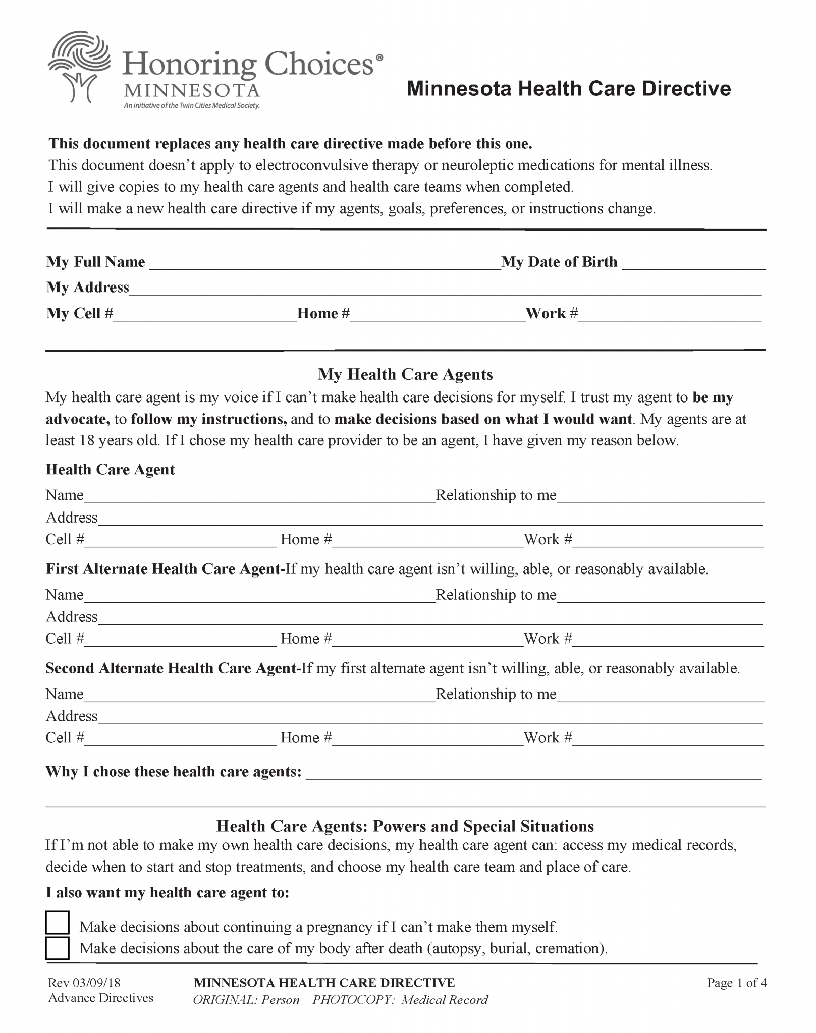 Free Minnesota Advance Directive Form Template PDF Word EForms