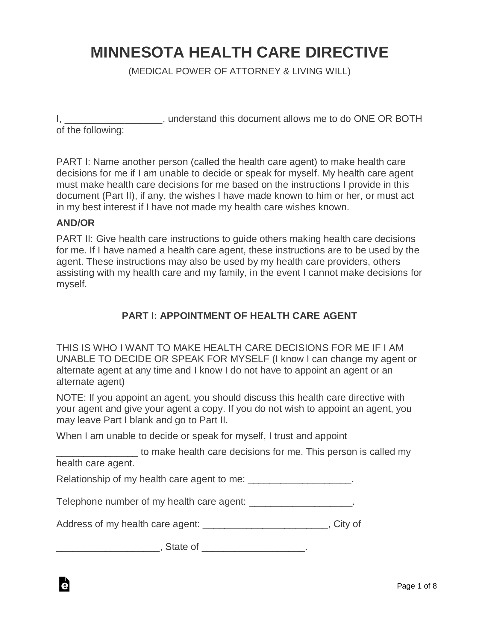 Free Minnesota Advance Directive Form Template PDF Word EForms
