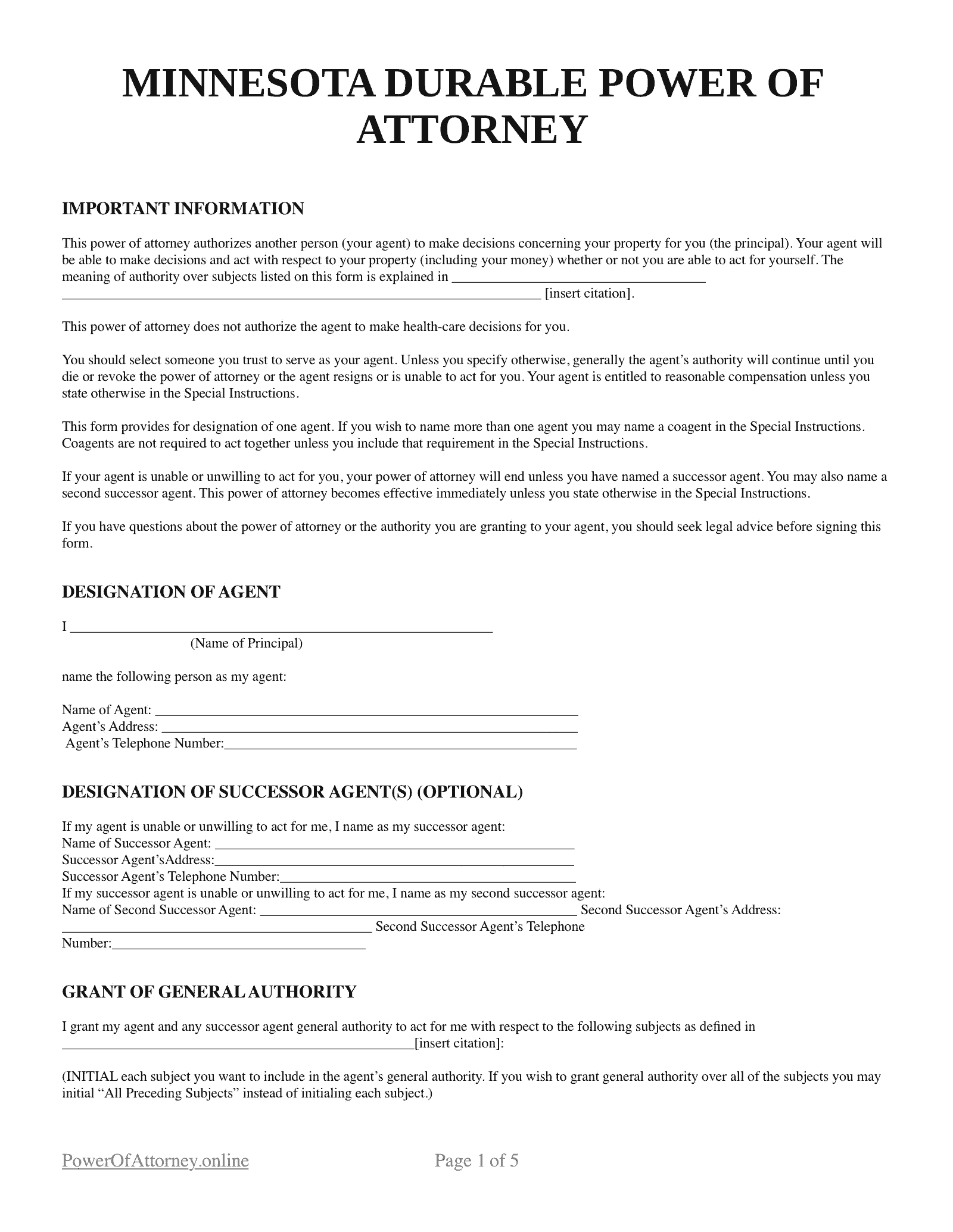 Free Minnesota MN Power Of Attorney Forms U0026 Templates PDF