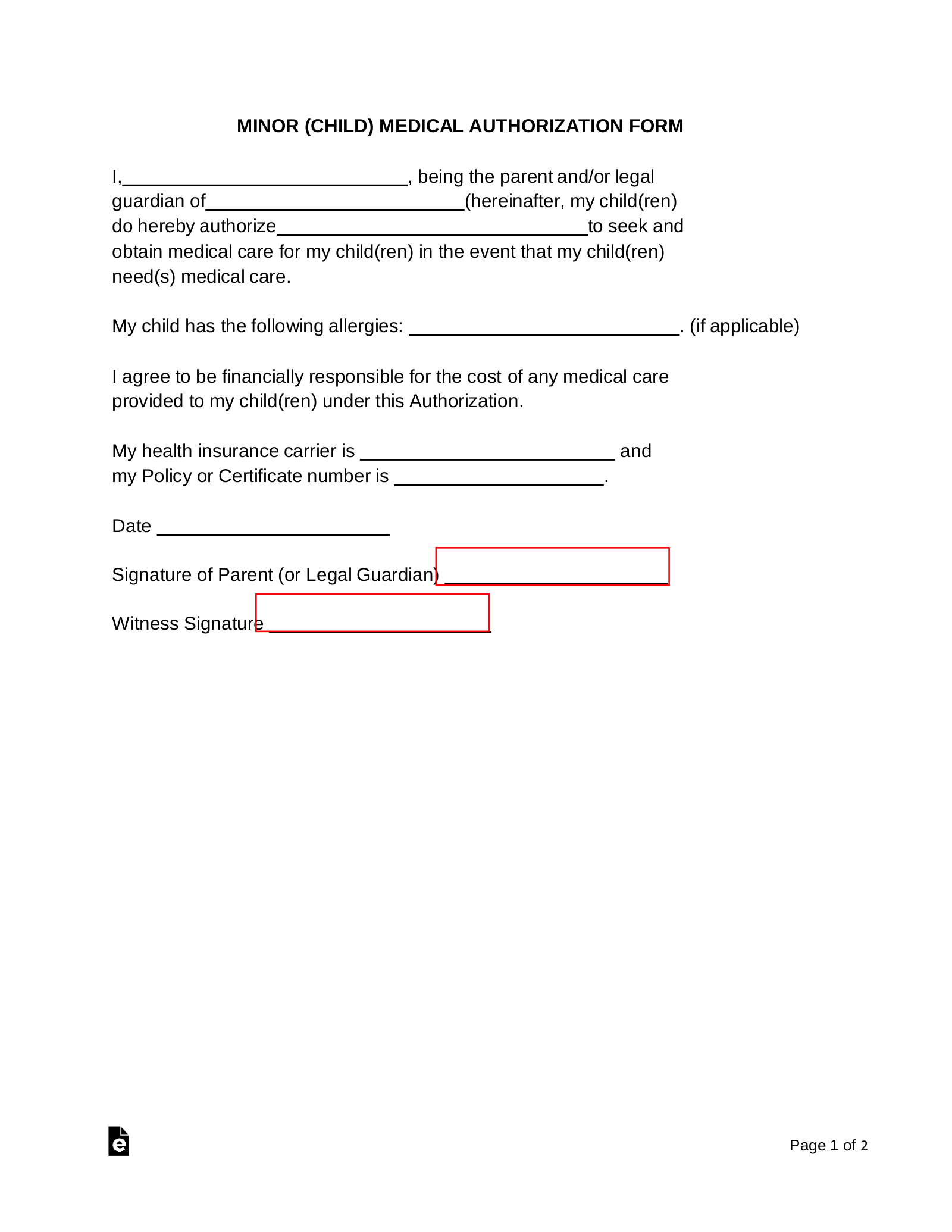 Free Minor Child Medical Treatment Authorization Form PDF 