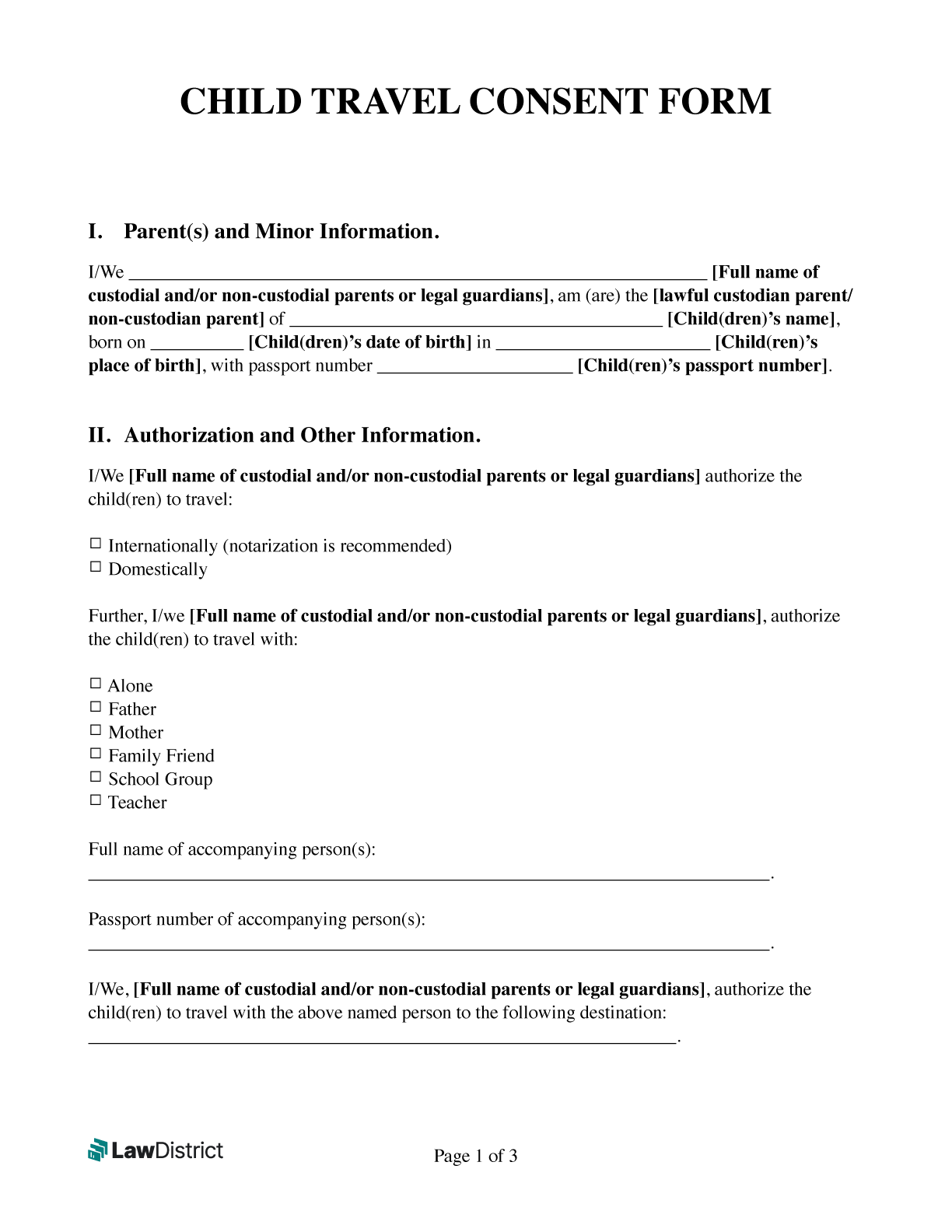 Free Minor Child Travel Consent Form LawDistrict
