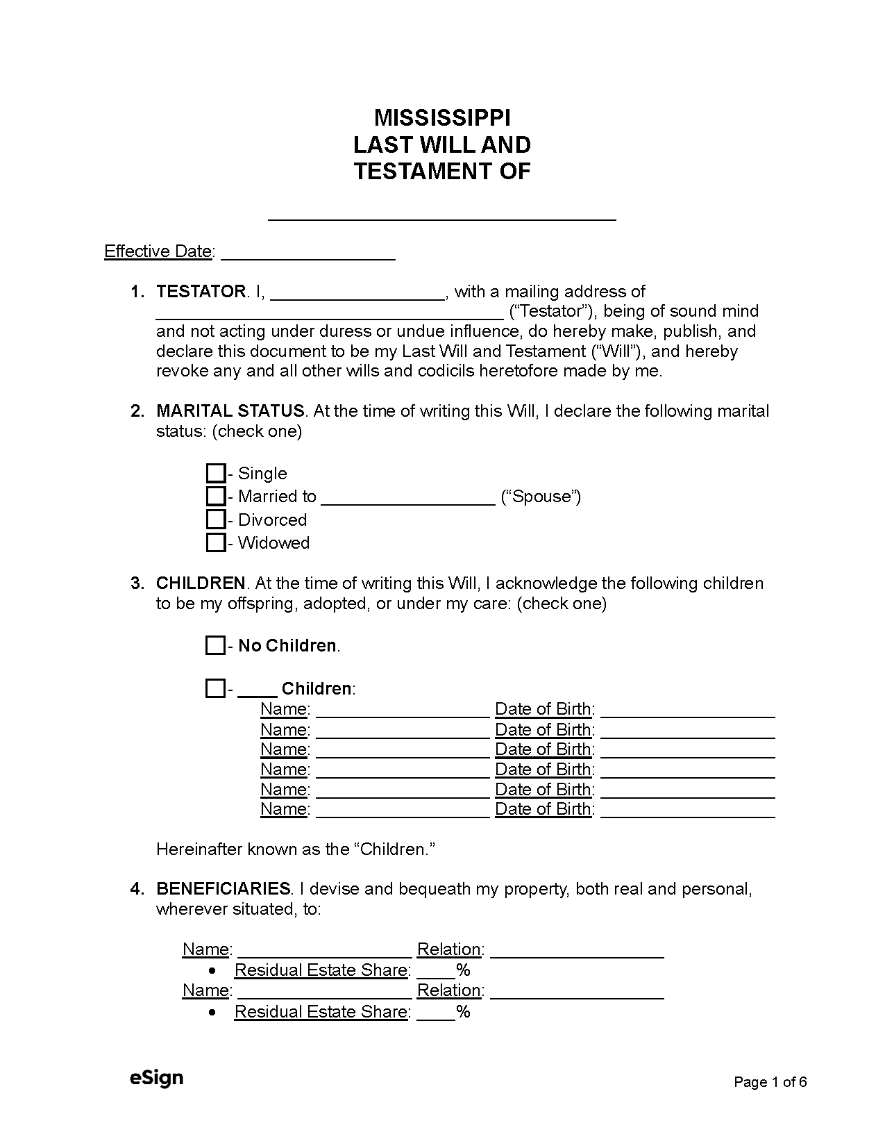 Free Mississippi Last Will And Testament Template PDF Word 