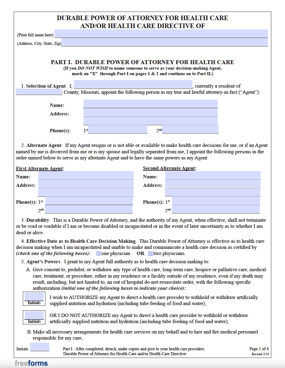 Free Missouri Advance Directive Form Medical POA U0026 Living Will PDF