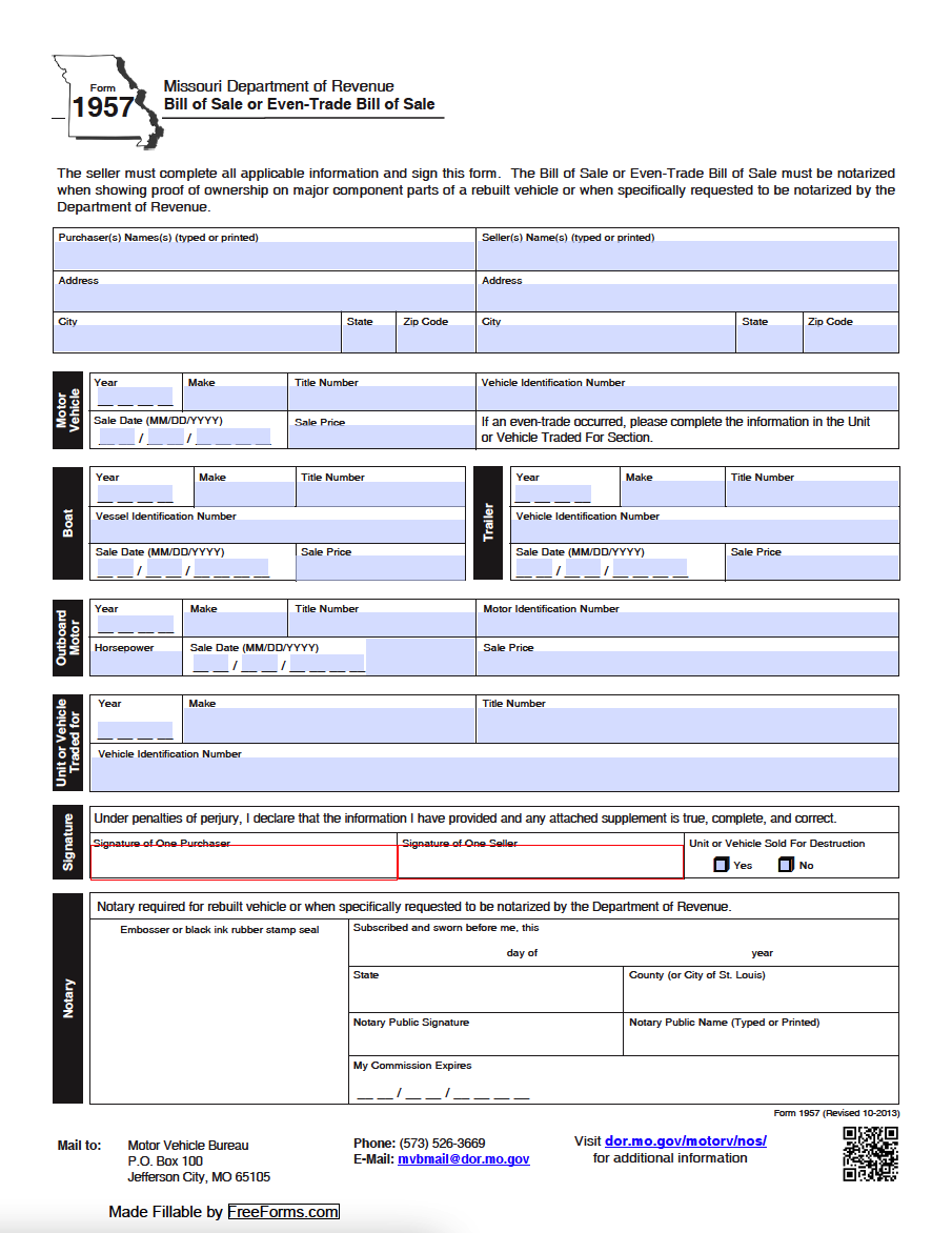 Free Missouri Bill Of Sale Forms PDF