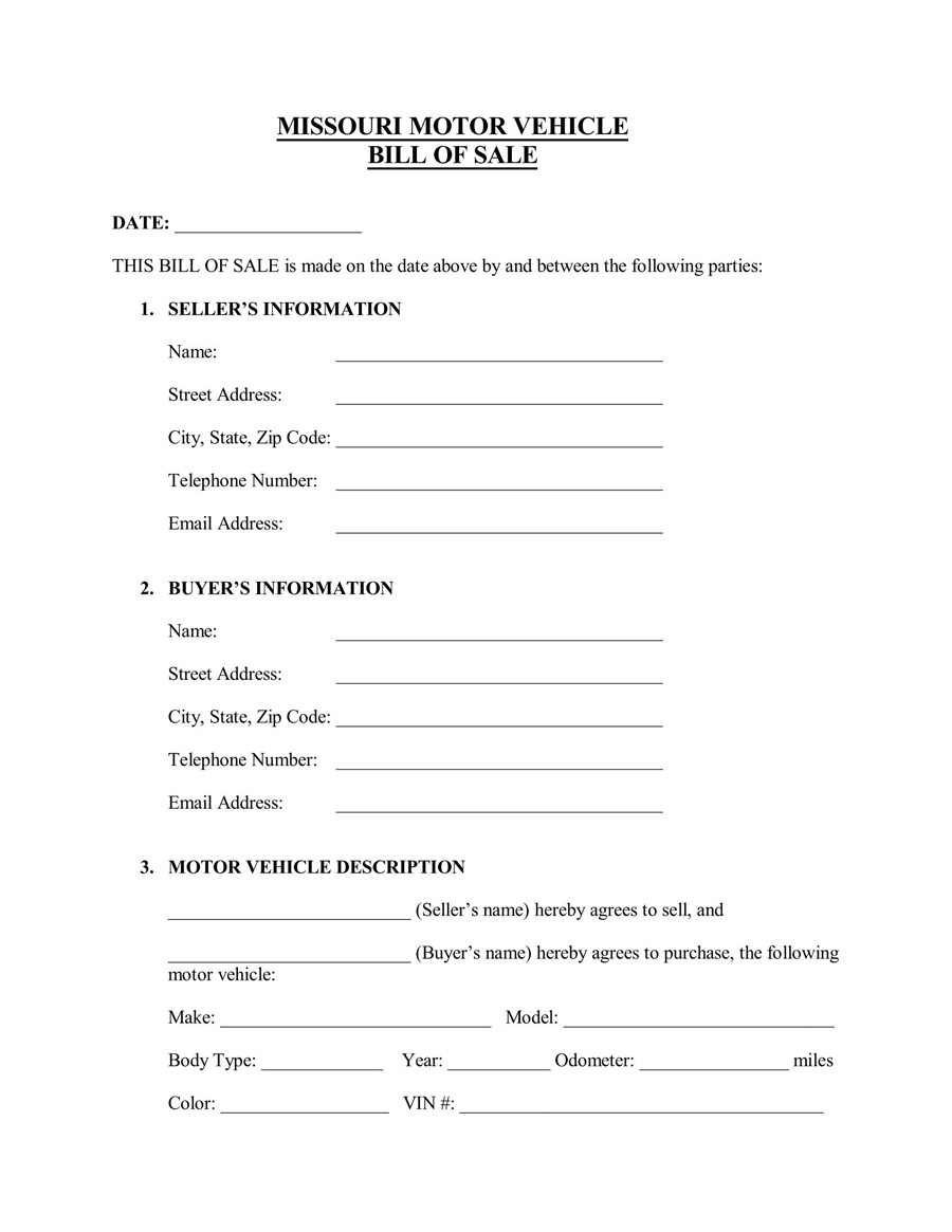 Free Missouri Car Bill Of Sale Forms Form 1957