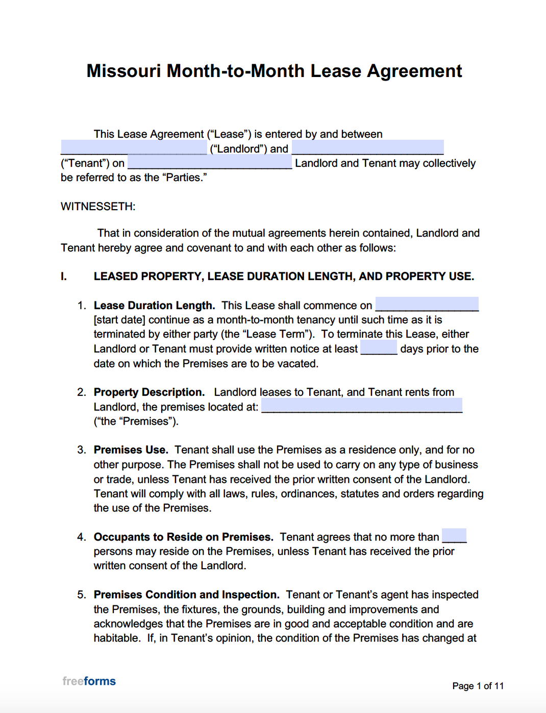 Free Missouri Month to Month Lease Agreement PDF Word