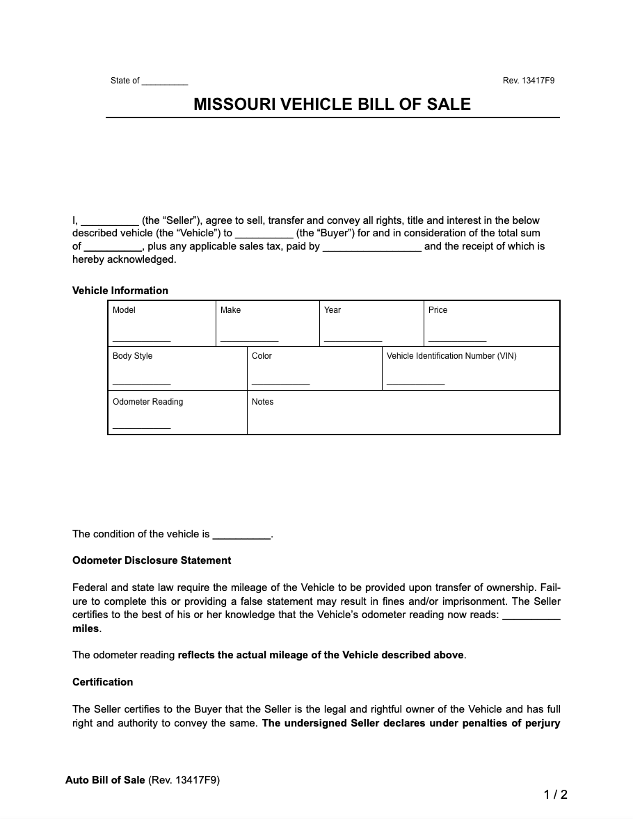 Free Missouri Motor Vehicle Bill Of Sale Form PDF U0026 Word