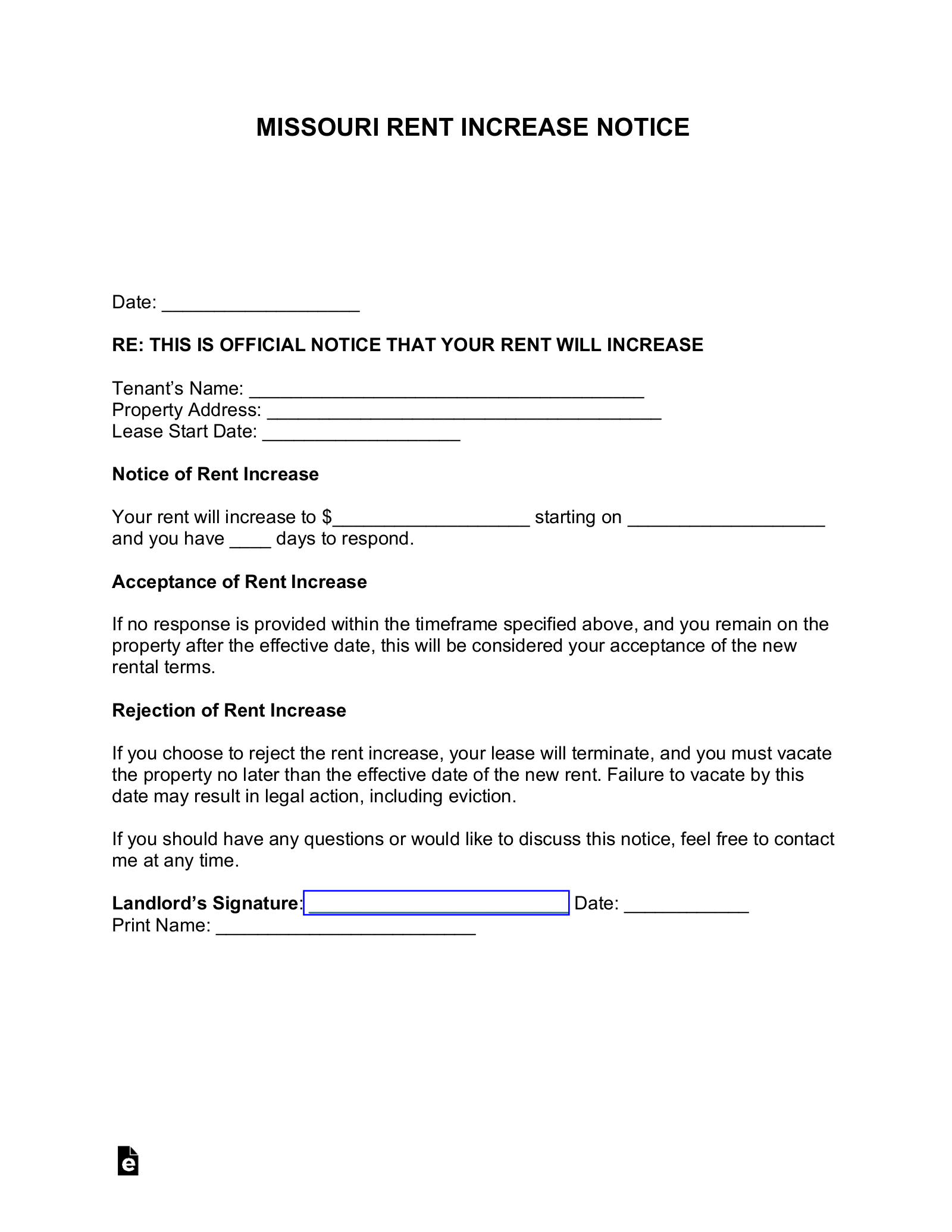 Free Missouri Rent Increase Notice PDF Word EForms