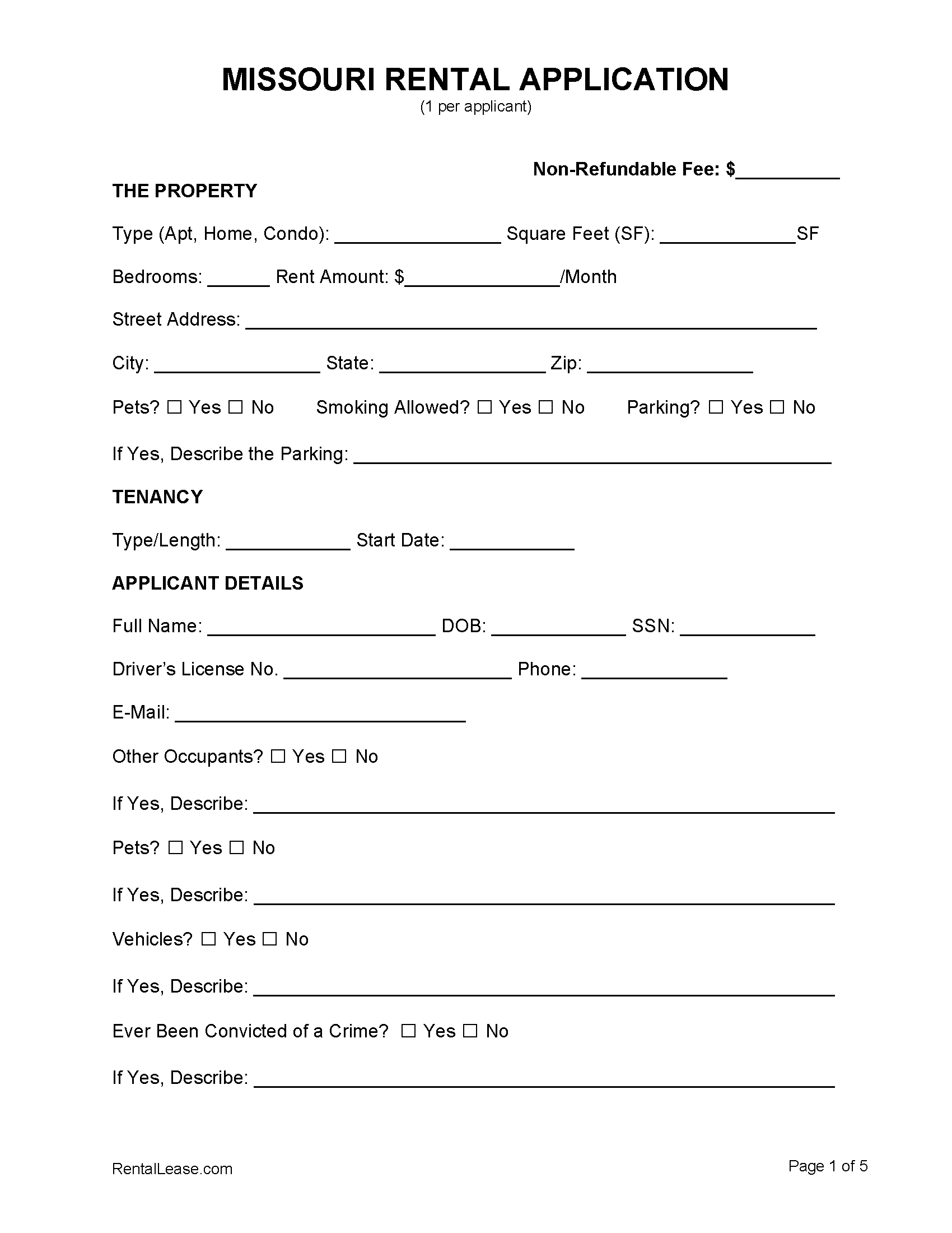 Free Missouri Rental Application Template PDF Word