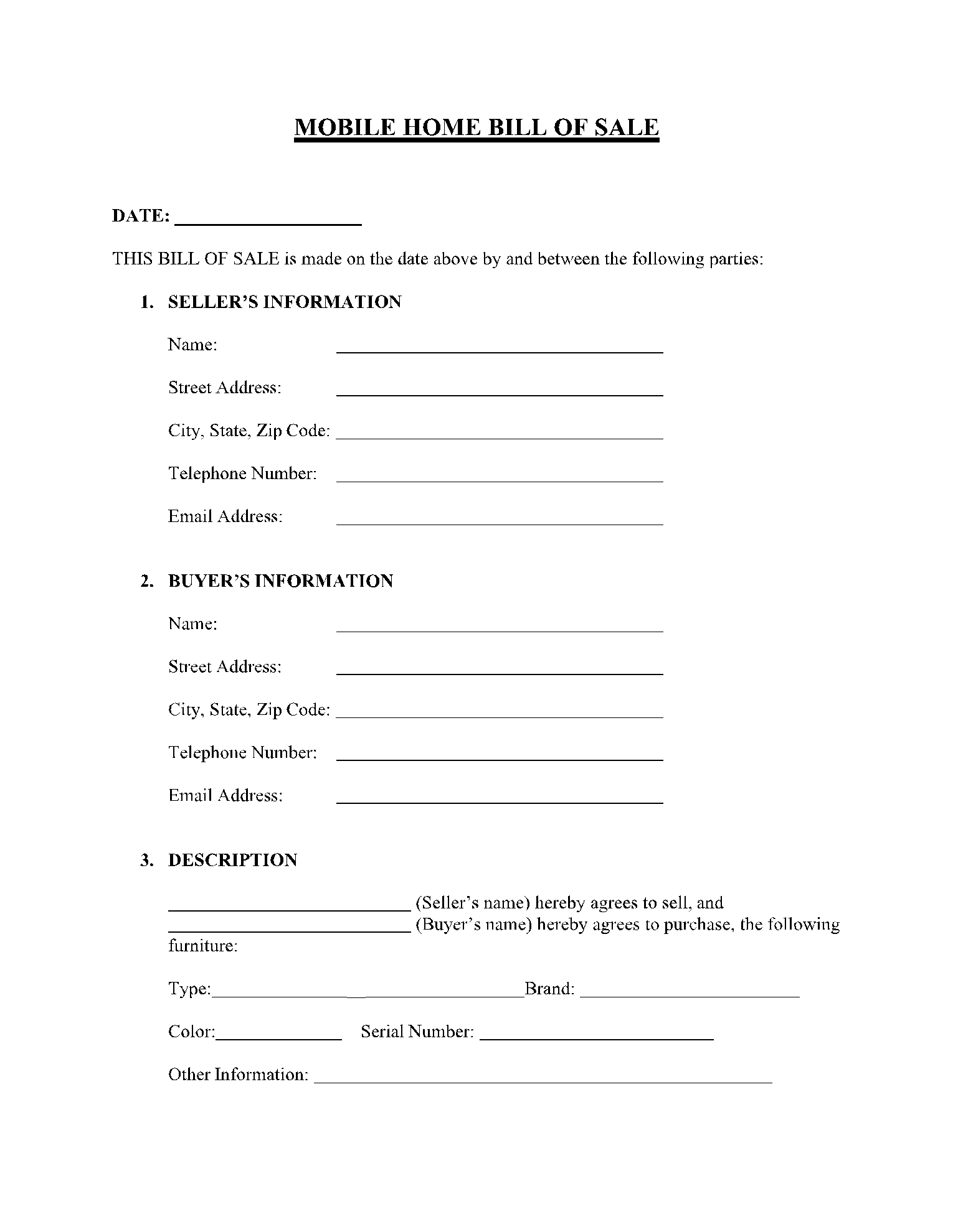 Free Mobile Manufactured Home Bill Of Sale Template CocoSign