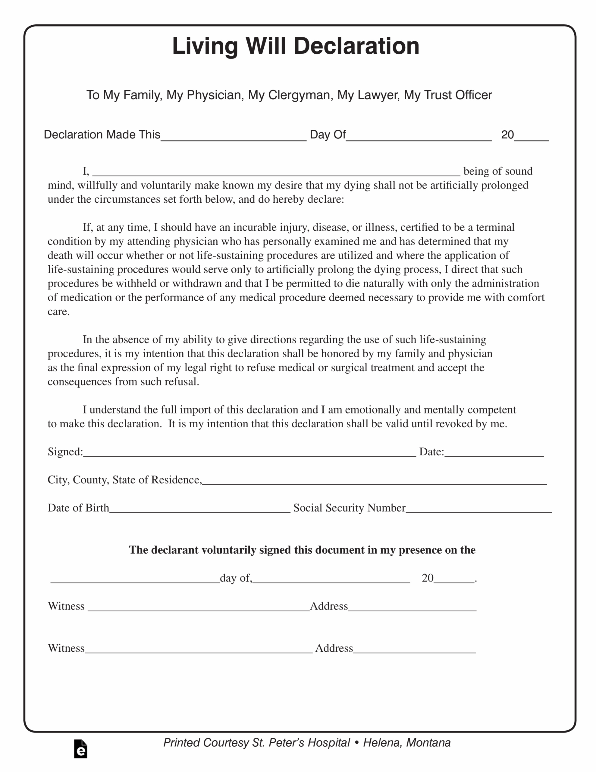 Free Montana Living Will Declaration Form Template PDF EForms