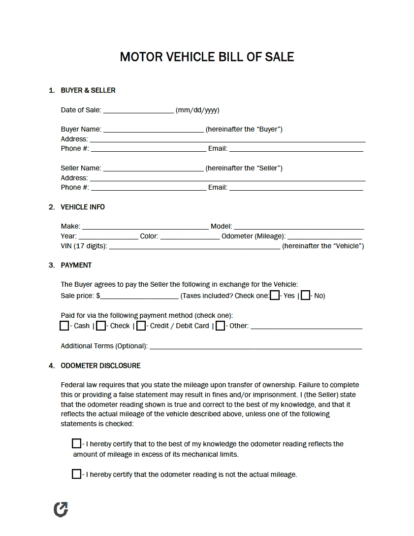 Free Motor Vehicle Bill Of Sale Form PDF WORD RTF