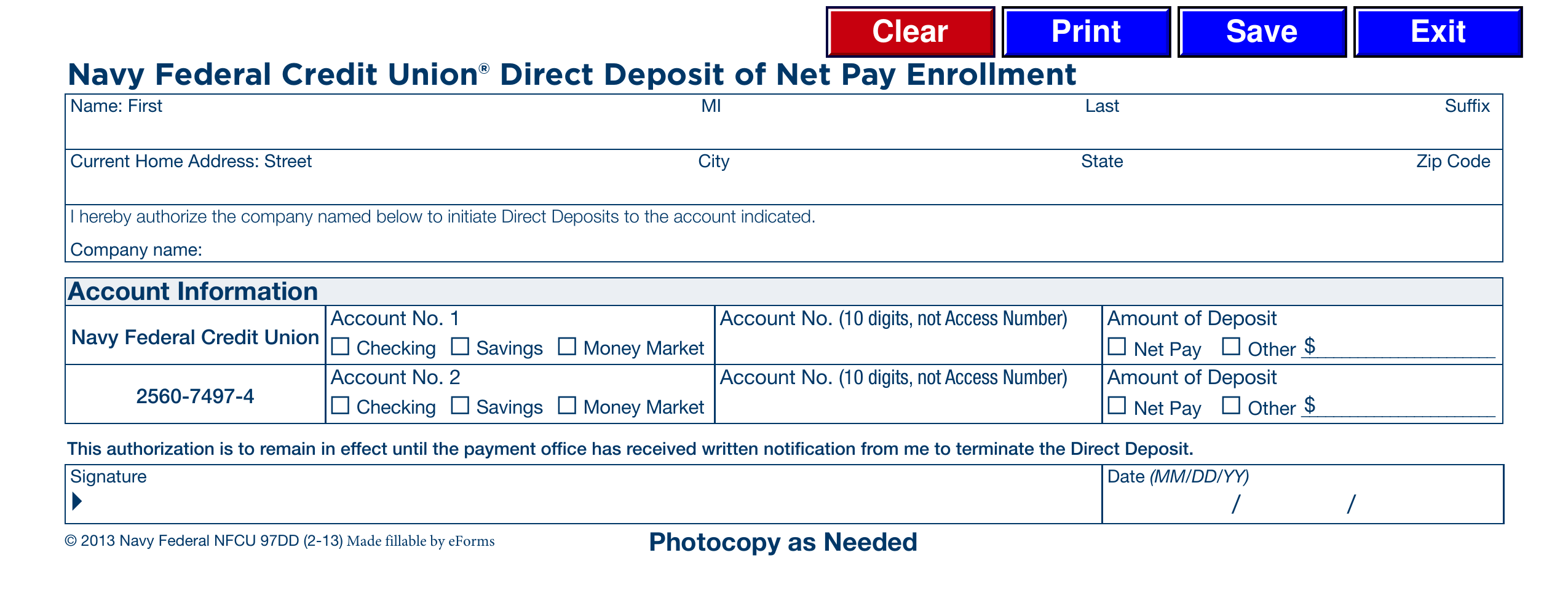Free Navy Federal Credit Union NFCU Direct Deposit Form PDF EForms