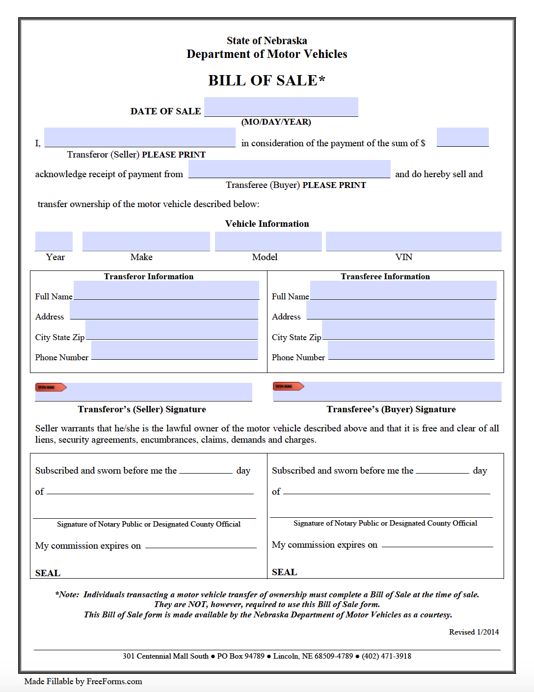 Free Nebraska Bill Of Sale Forms PDF