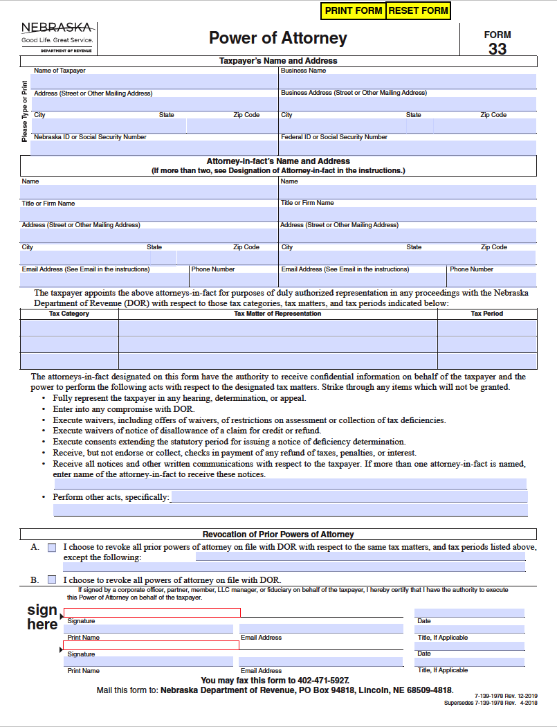 Free Nebraska Tax Power Of Attorney Form PDF