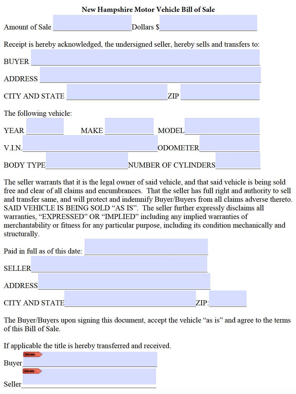 Free New Hampshire Bill Of Sale Forms PDF
