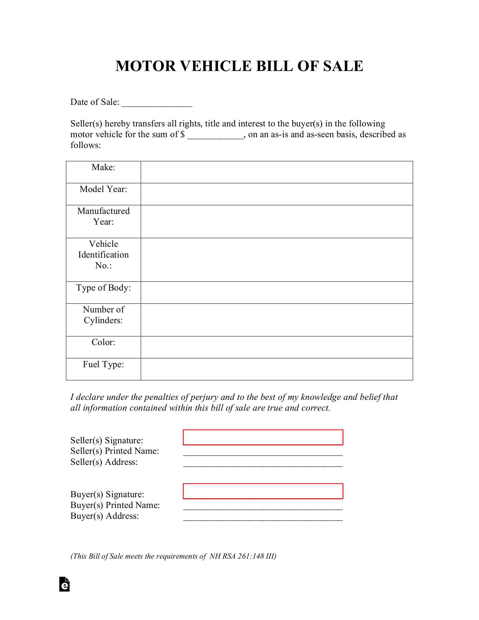 Free New Hampshire Motor Vehicle Bill Of Sale Form PDF EForms