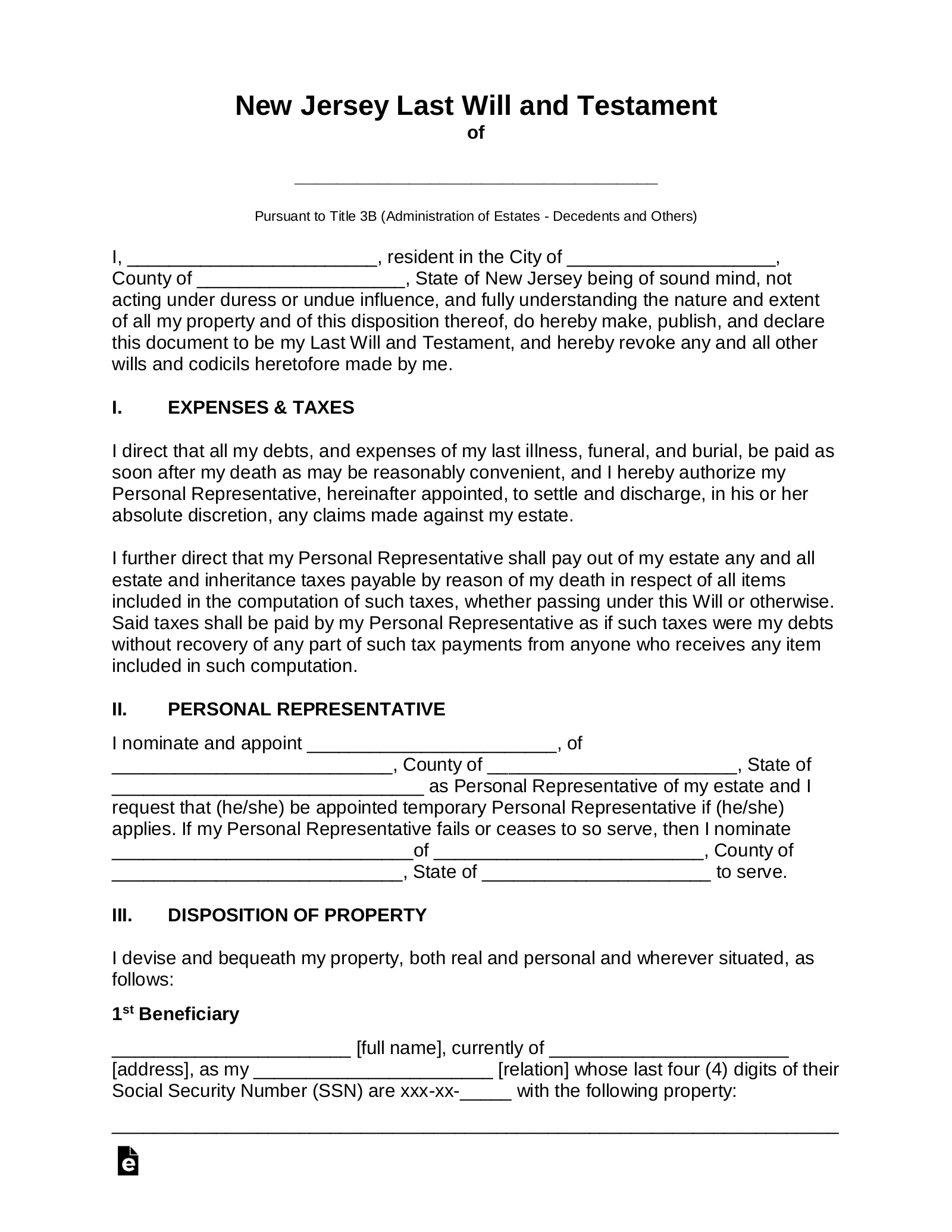 Free New Jersey Last Will And Testament Template PDF Word EForms