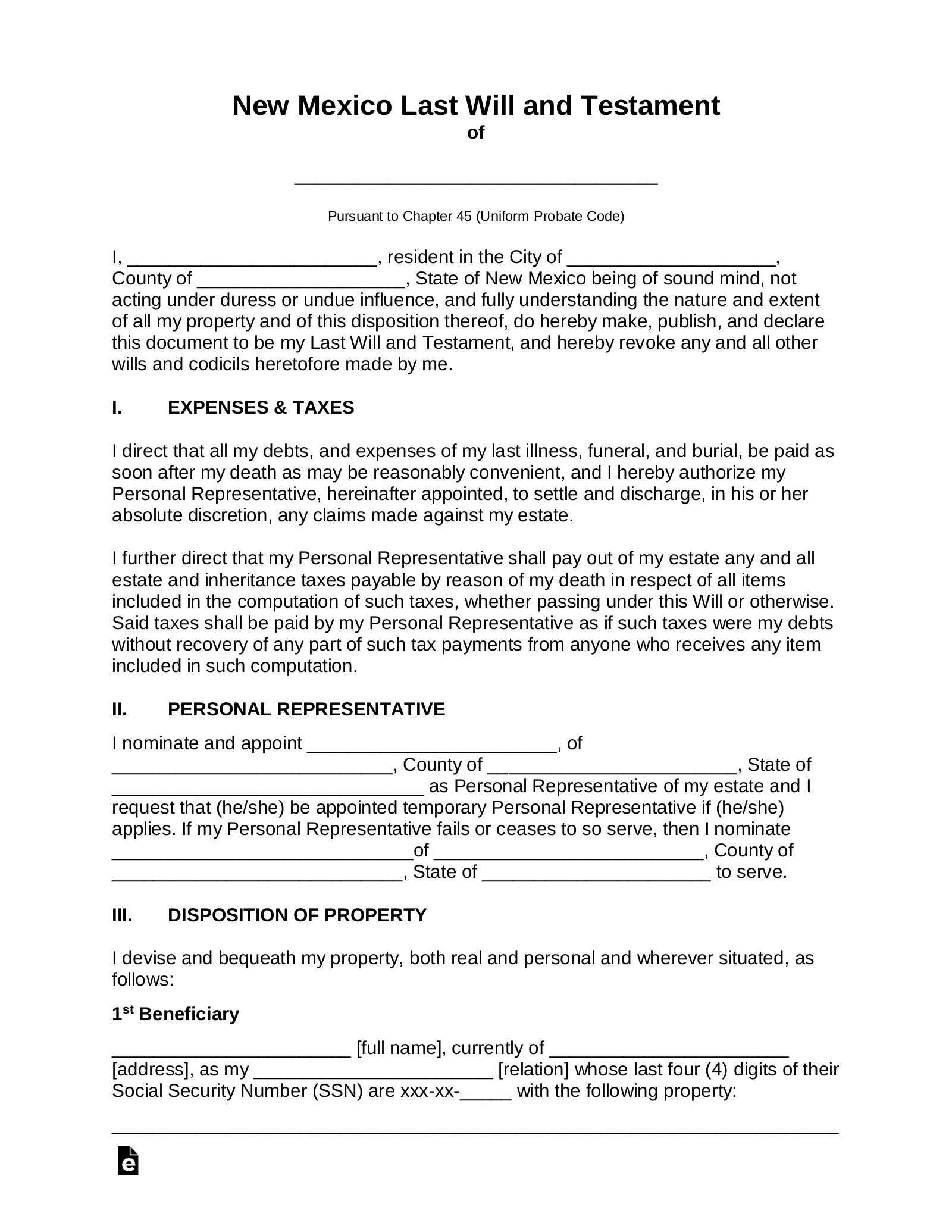 Free New Mexico Last Will And Testament Template PDF Word EForms