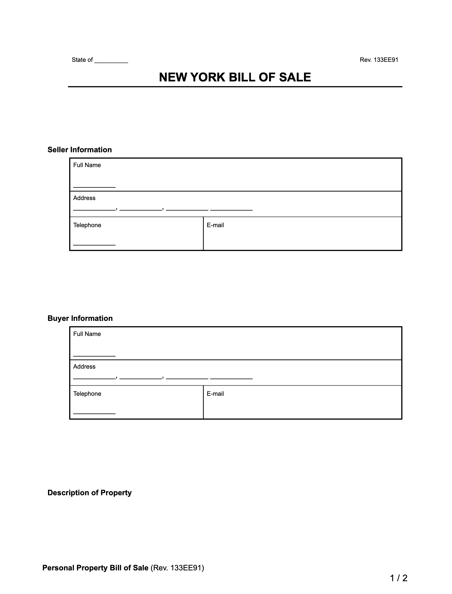 Free New York Bill Of Sale Forms PDF U0026 Word