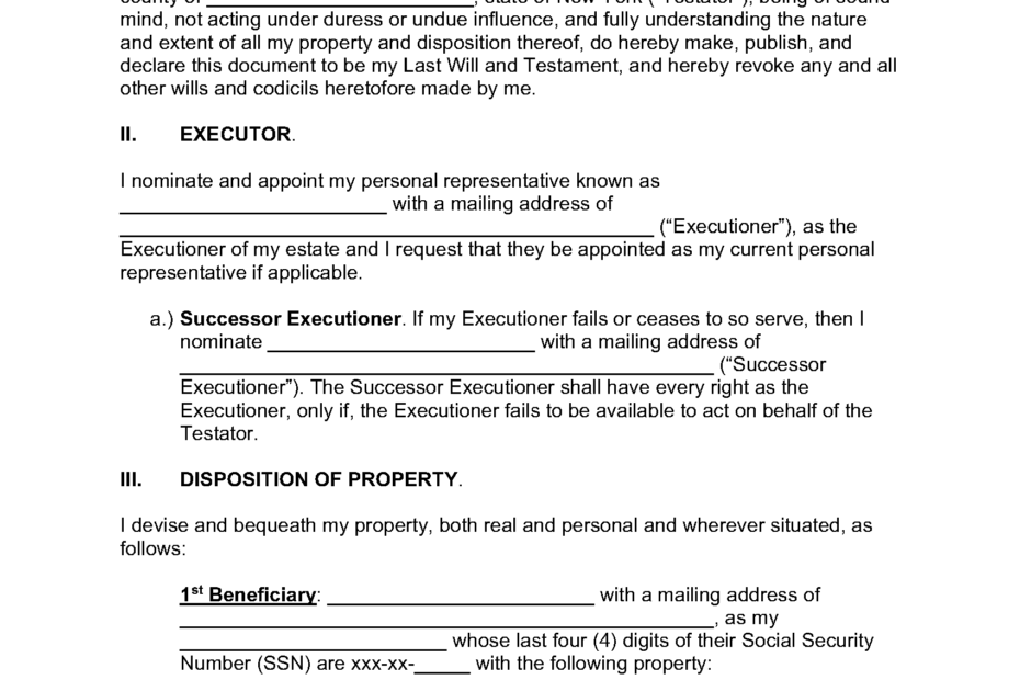 Free New York Last Will And Testament Form PDF WORD ODT