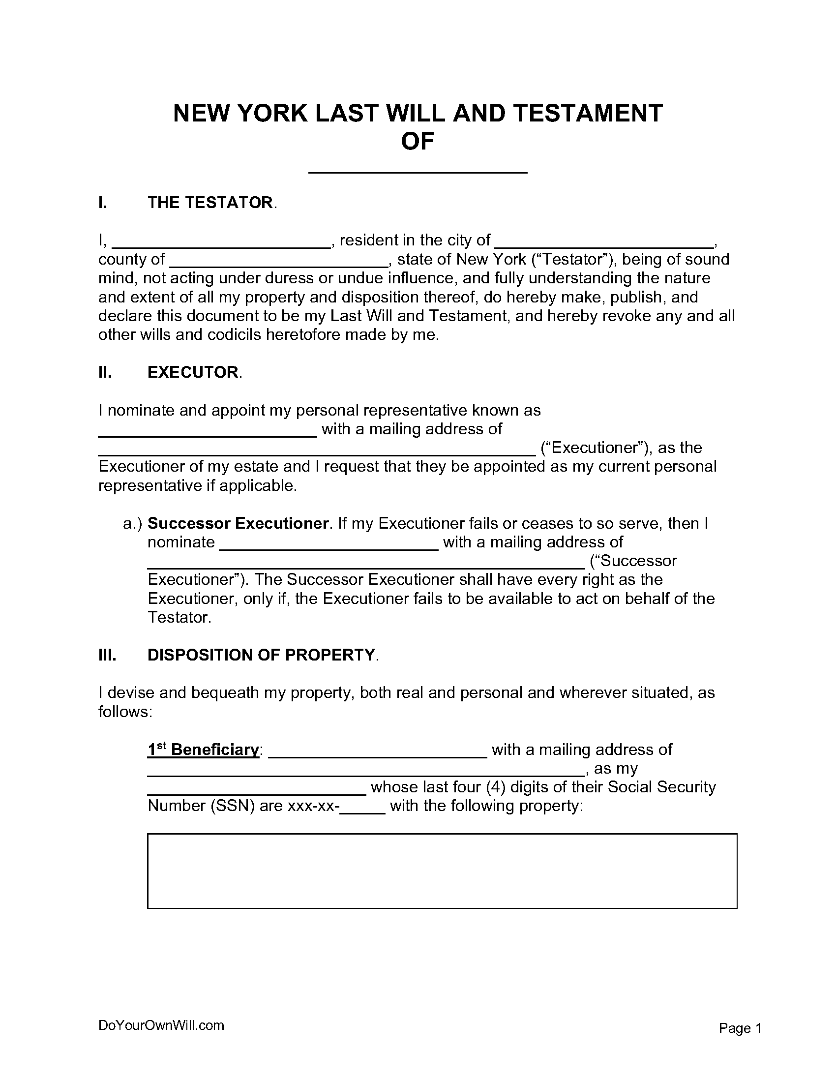 Free New York Last Will And Testament Form PDF WORD ODT