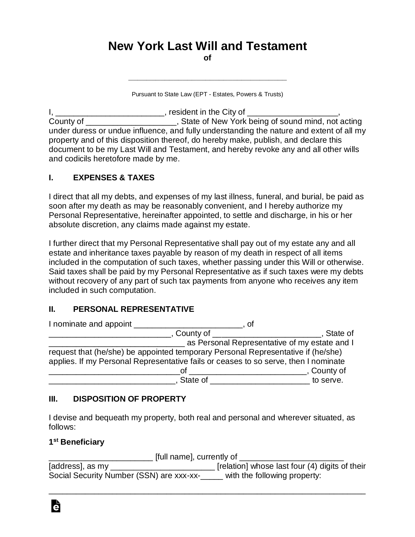 Free New York Last Will And Testament Template PDF Word EForms