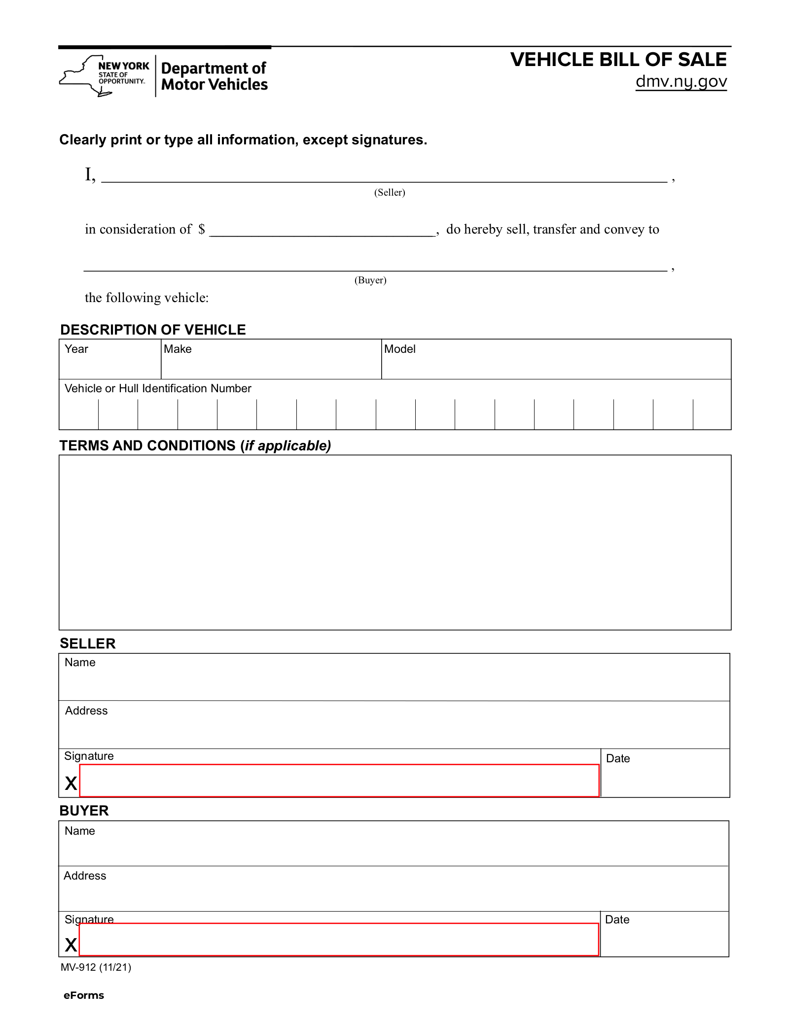 Free New York Motor Vehicle Bill Of Sale Form MV 912 PDF EForms