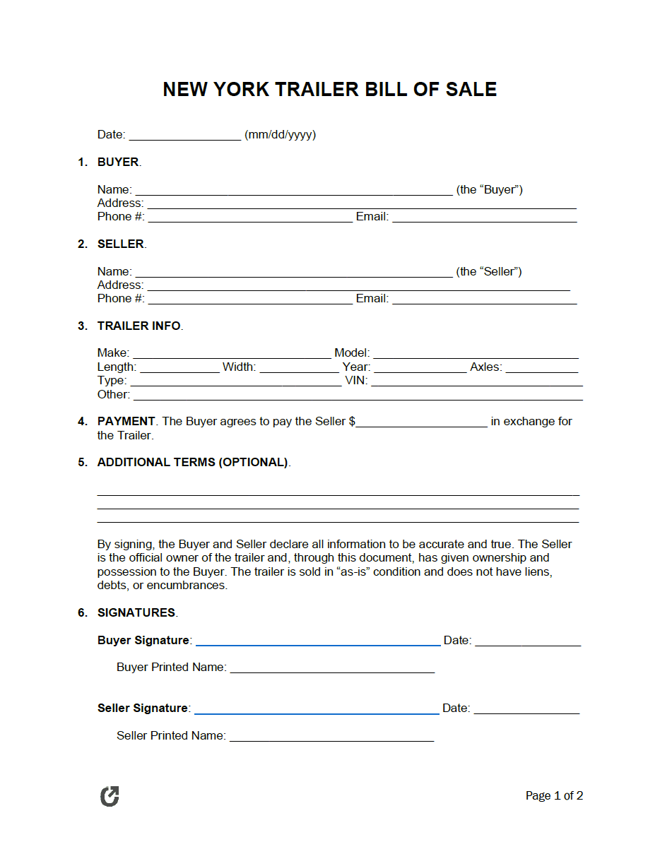 Free New York Trailer Bill Of Sale Form PDF WORD RTF