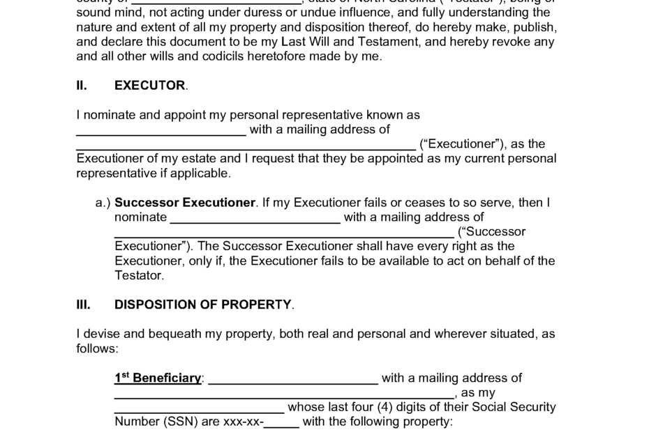 Free North Carolina Last Will And Testament Form PDF WORD ODT