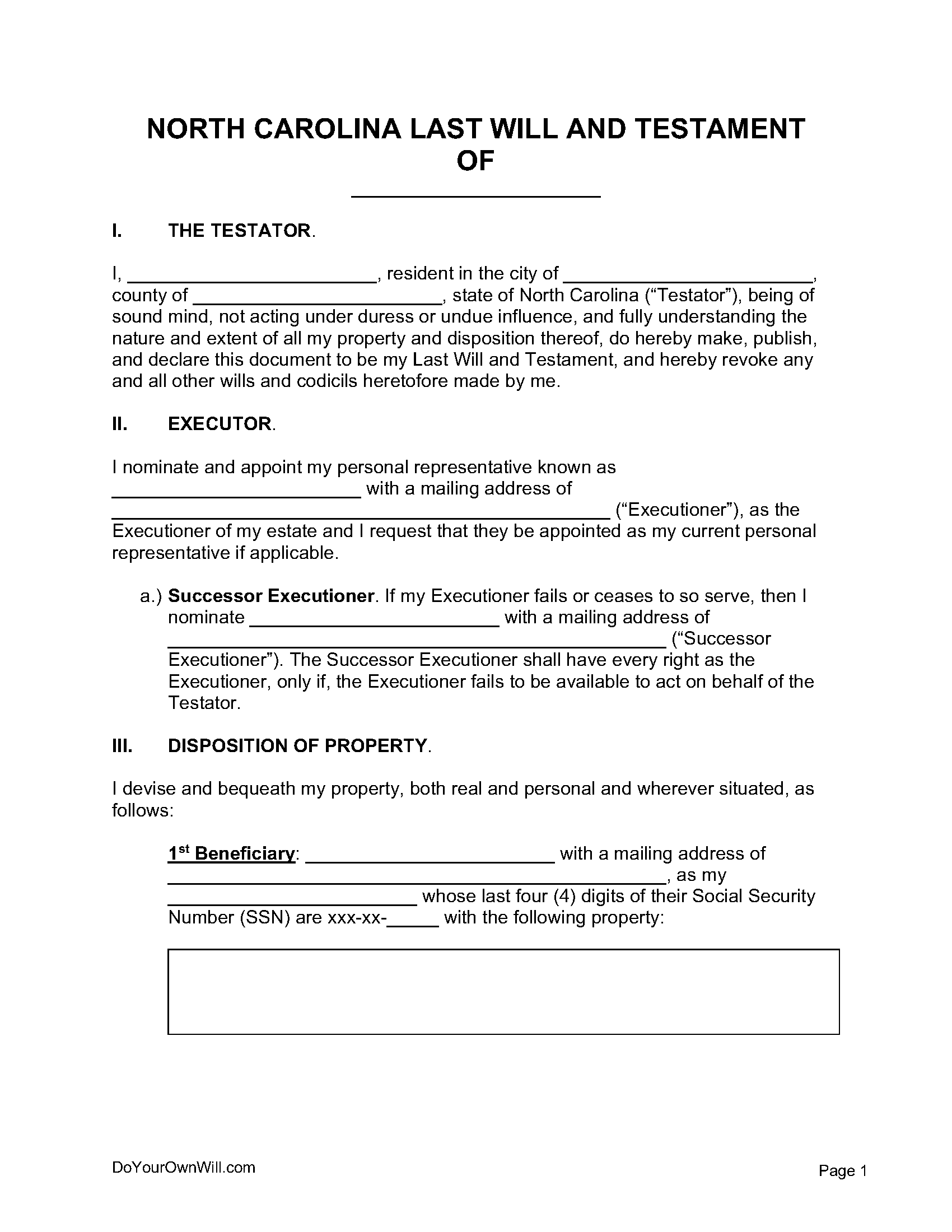 Free North Carolina Last Will And Testament Form PDF WORD ODT