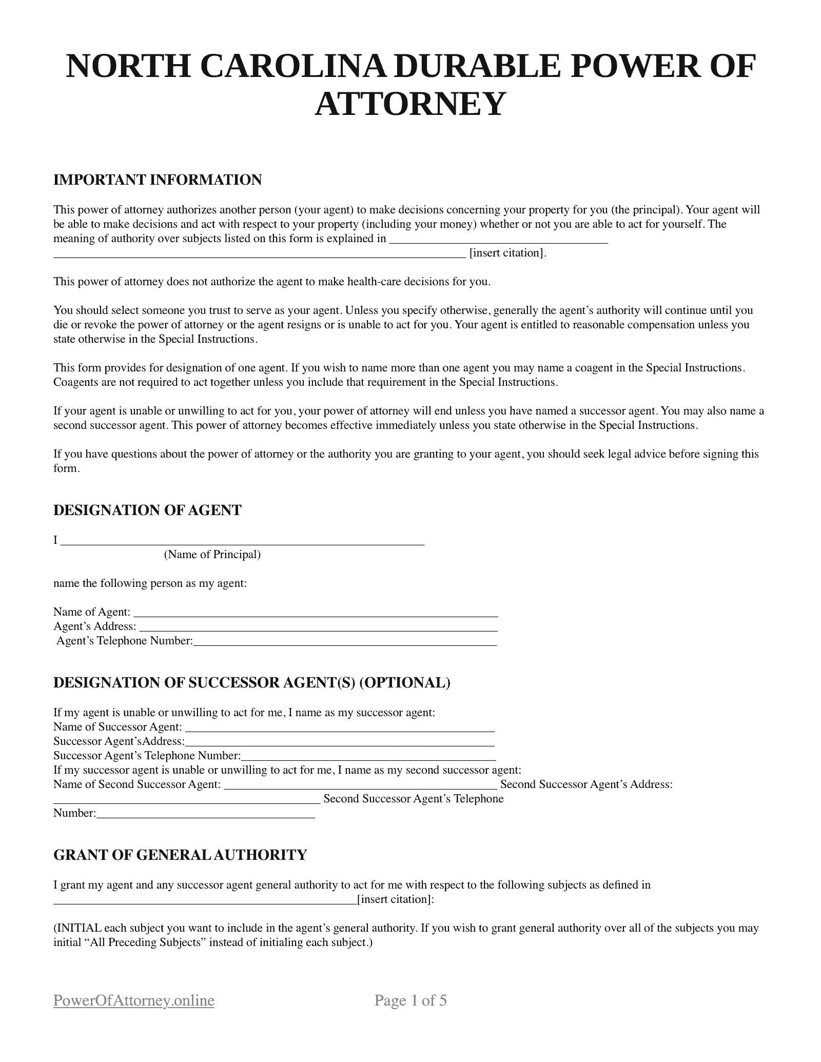 Free North Carolina NC Power Of Attorney Forms U0026 Templates PDF