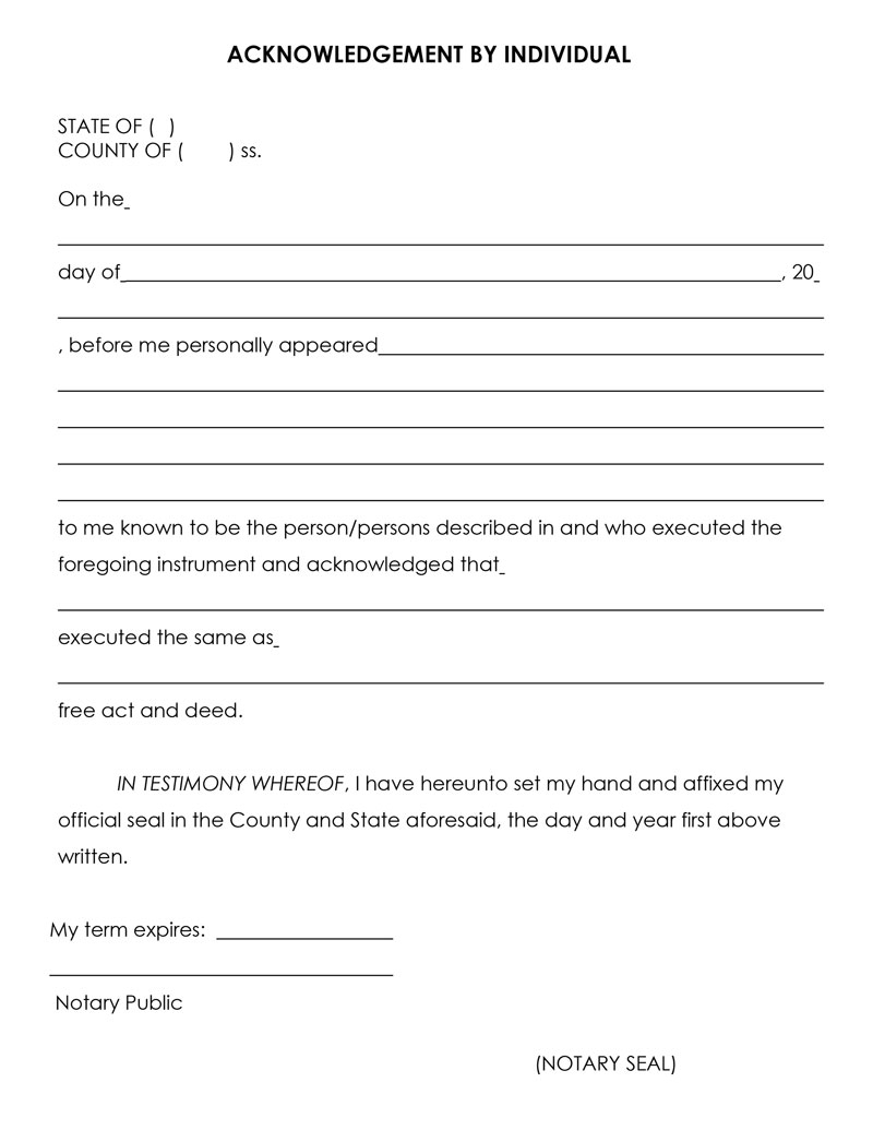 Free Notary Acknowledgment Forms Templates