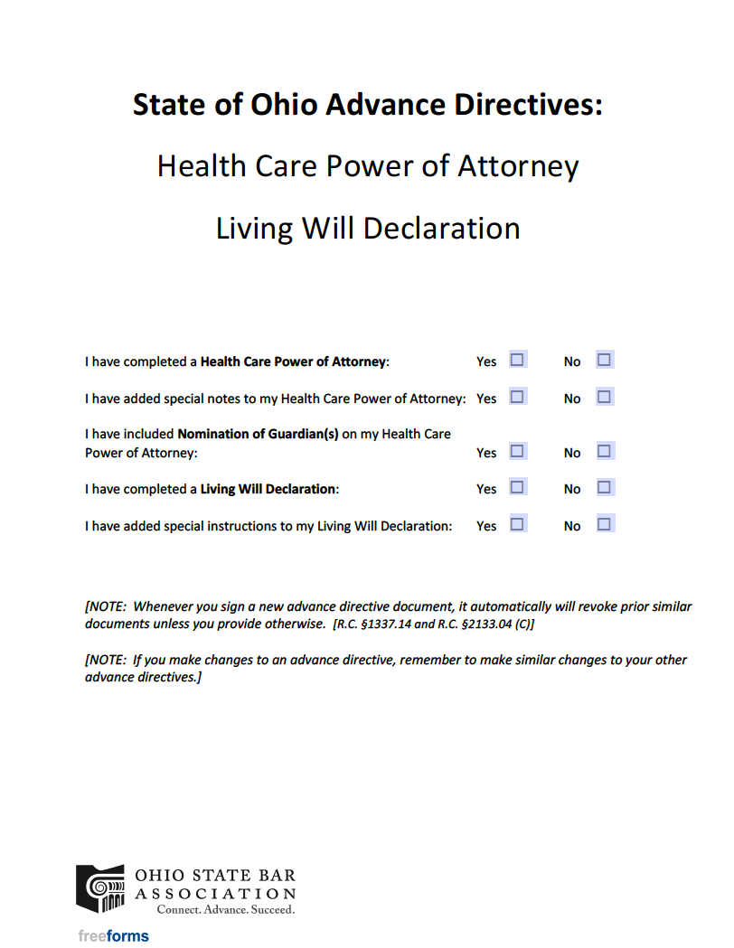 Free Ohio Advance Directive Form Medical POA U0026 Living Will PDF