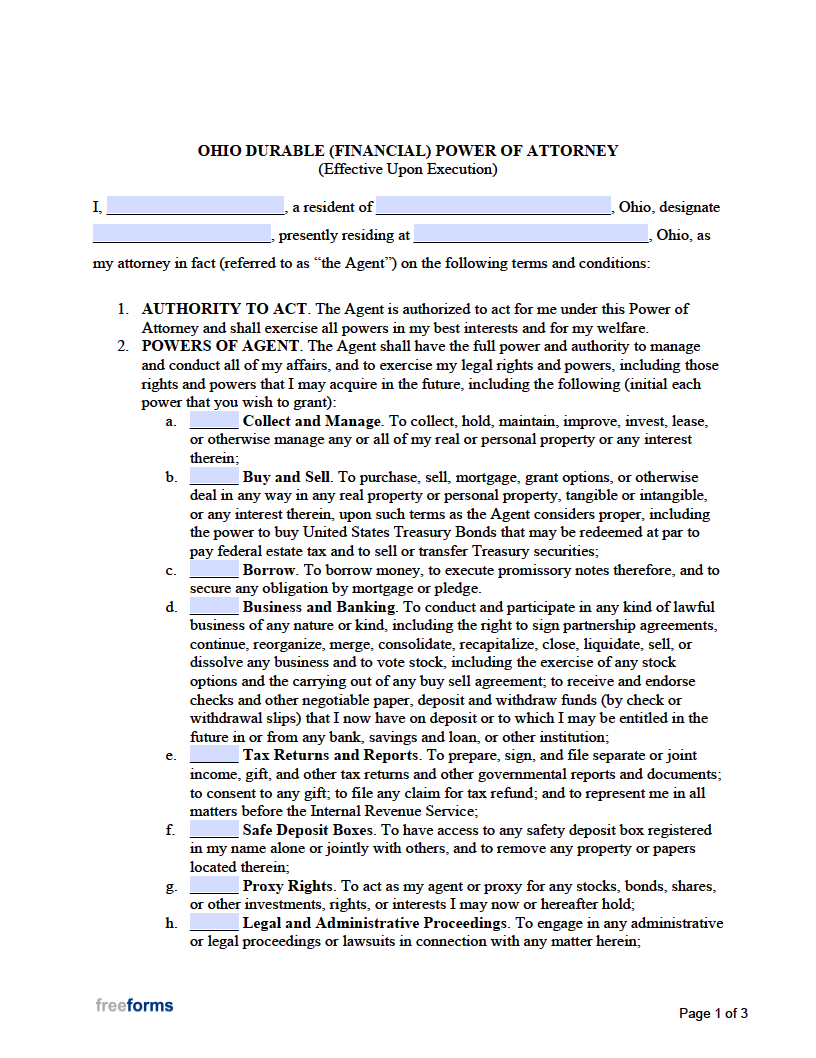 Free Ohio Durable Financial Power Of Attorney Form PDF Word