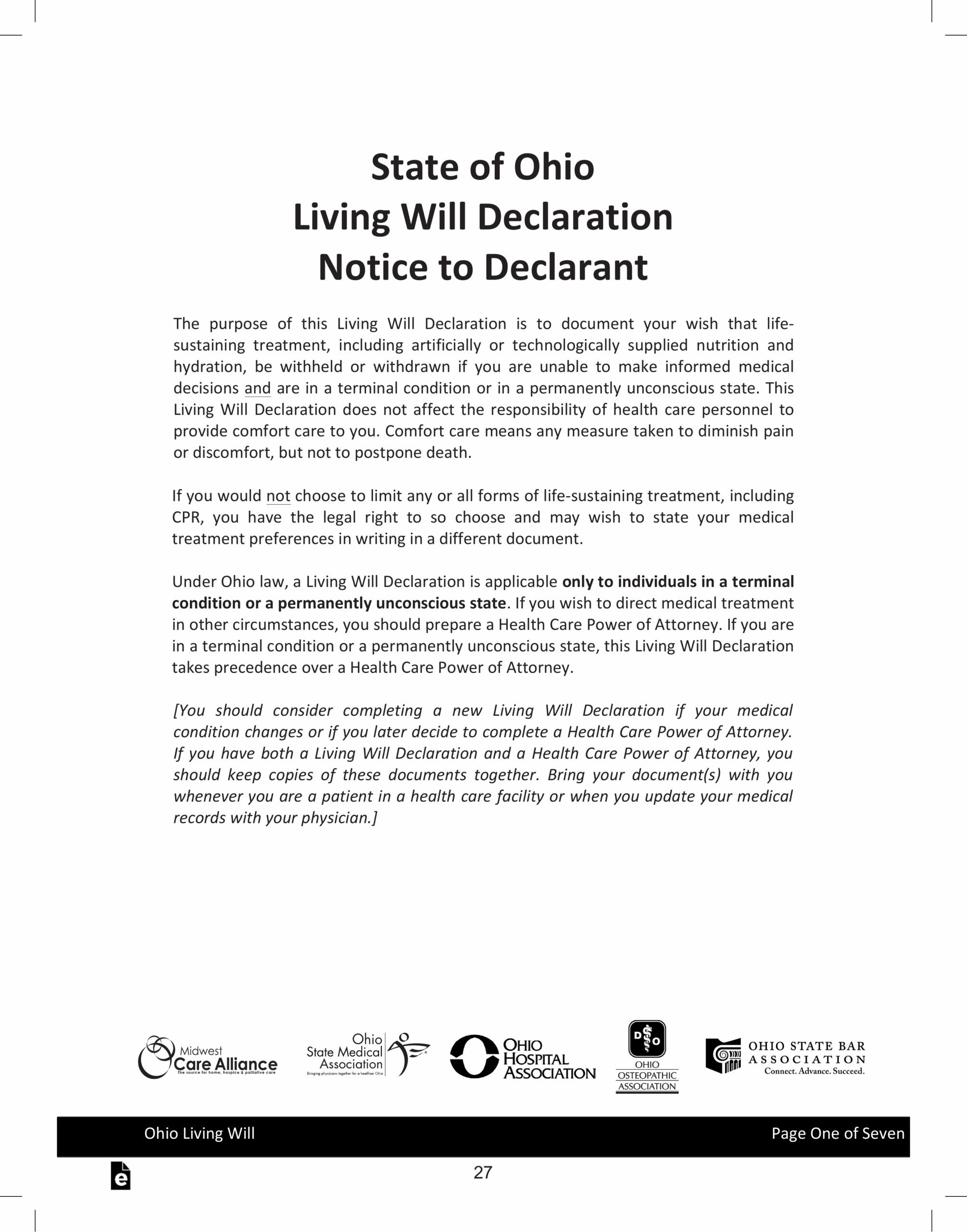 Free Ohio Living Will Form Declaration Template PDF EForms
