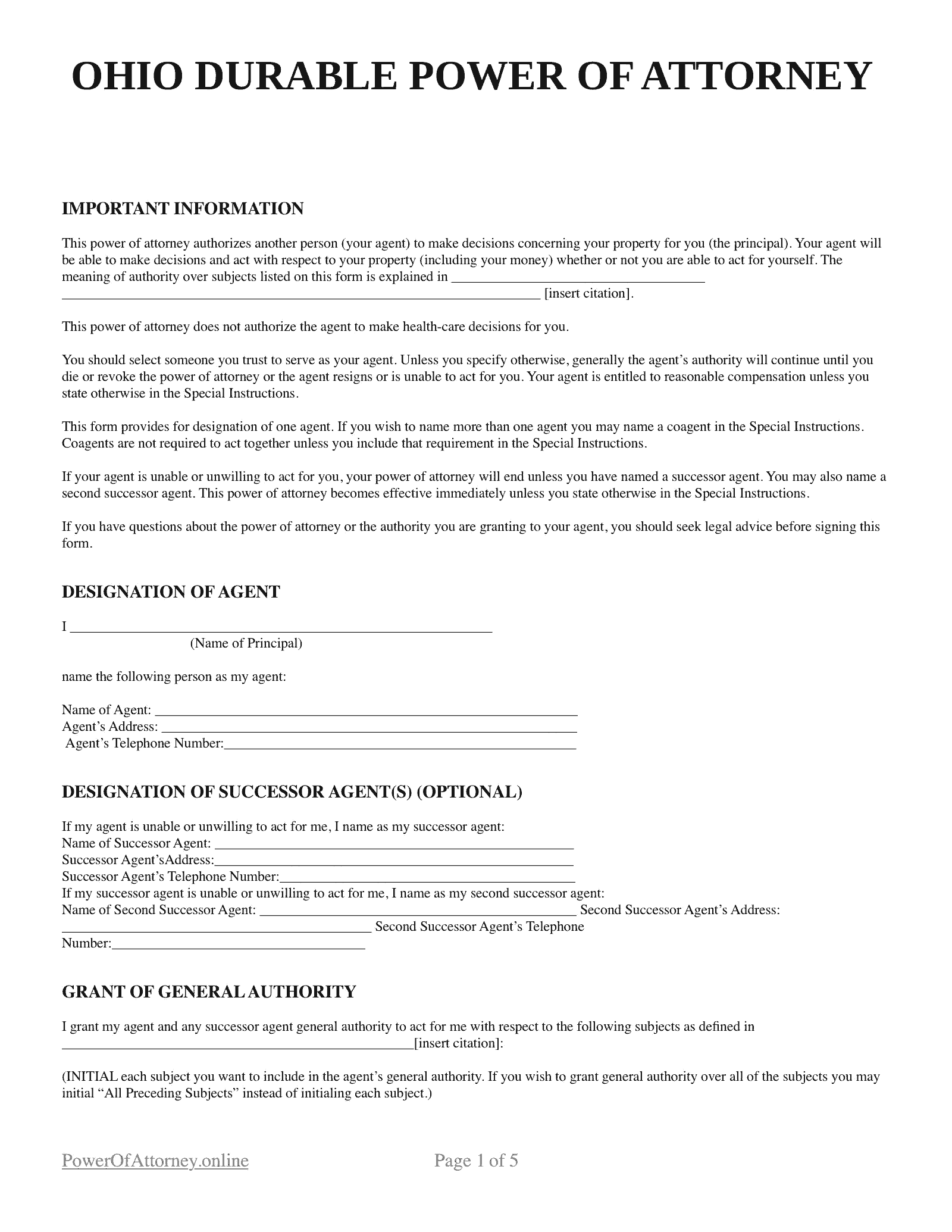 Free Ohio OH Power Of Attorney Forms U0026 Templates PDF