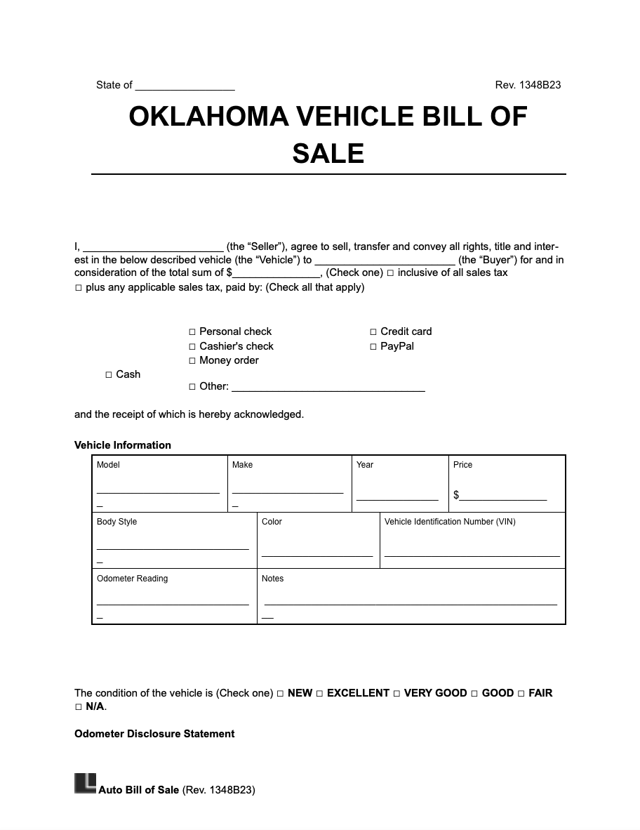 Free Oklahoma Motor Vehicle Bill Of Sale Form PDF U0026 Word