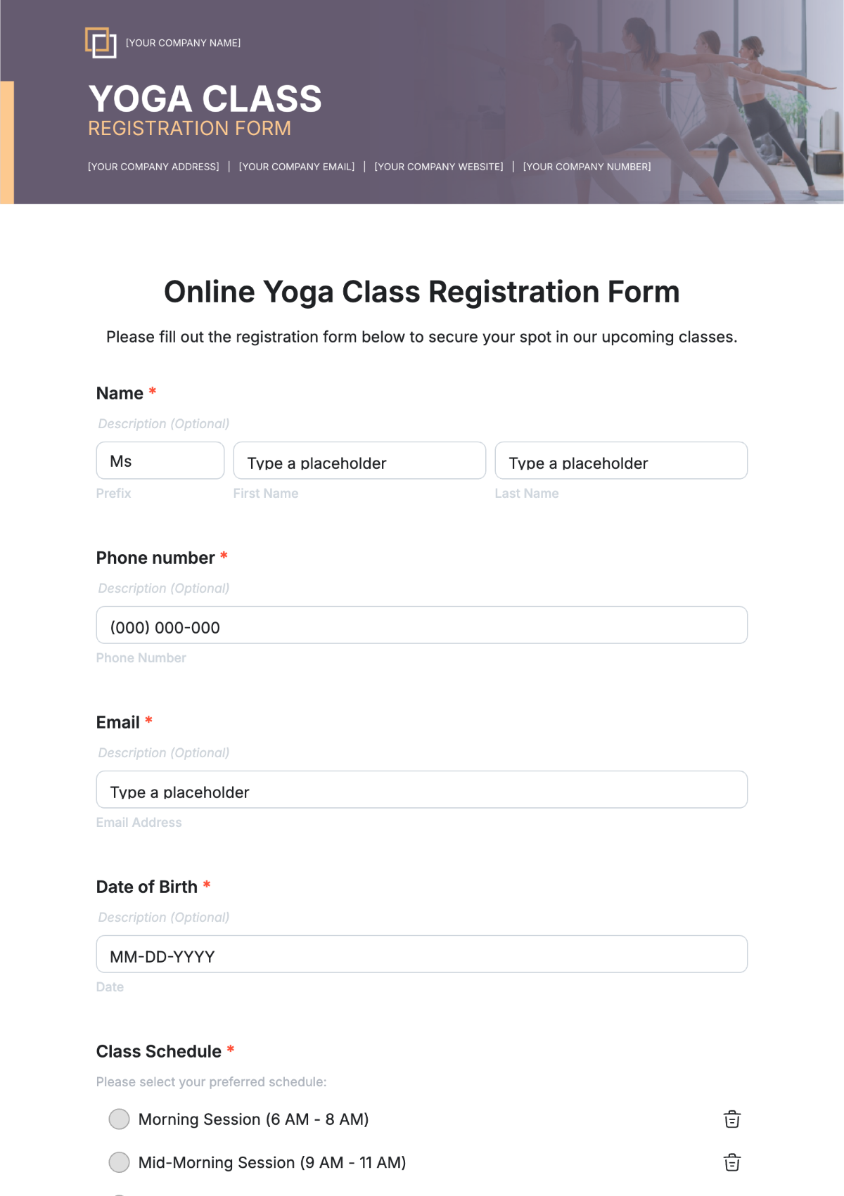 Free Online Yoga Class Registration Form Template To Edit Online