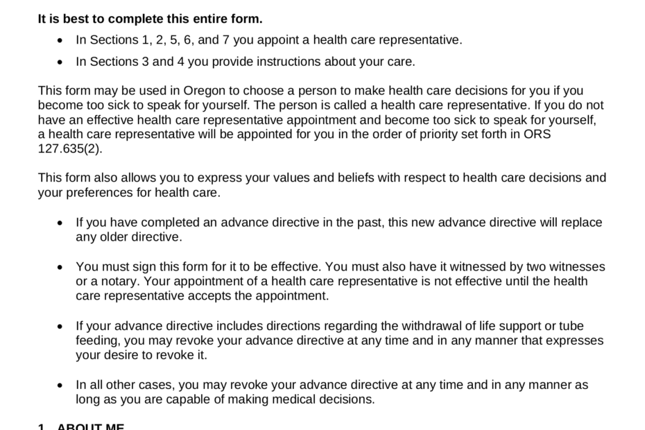 Free Oregon Advance Directive Form Template PDF Word EForms