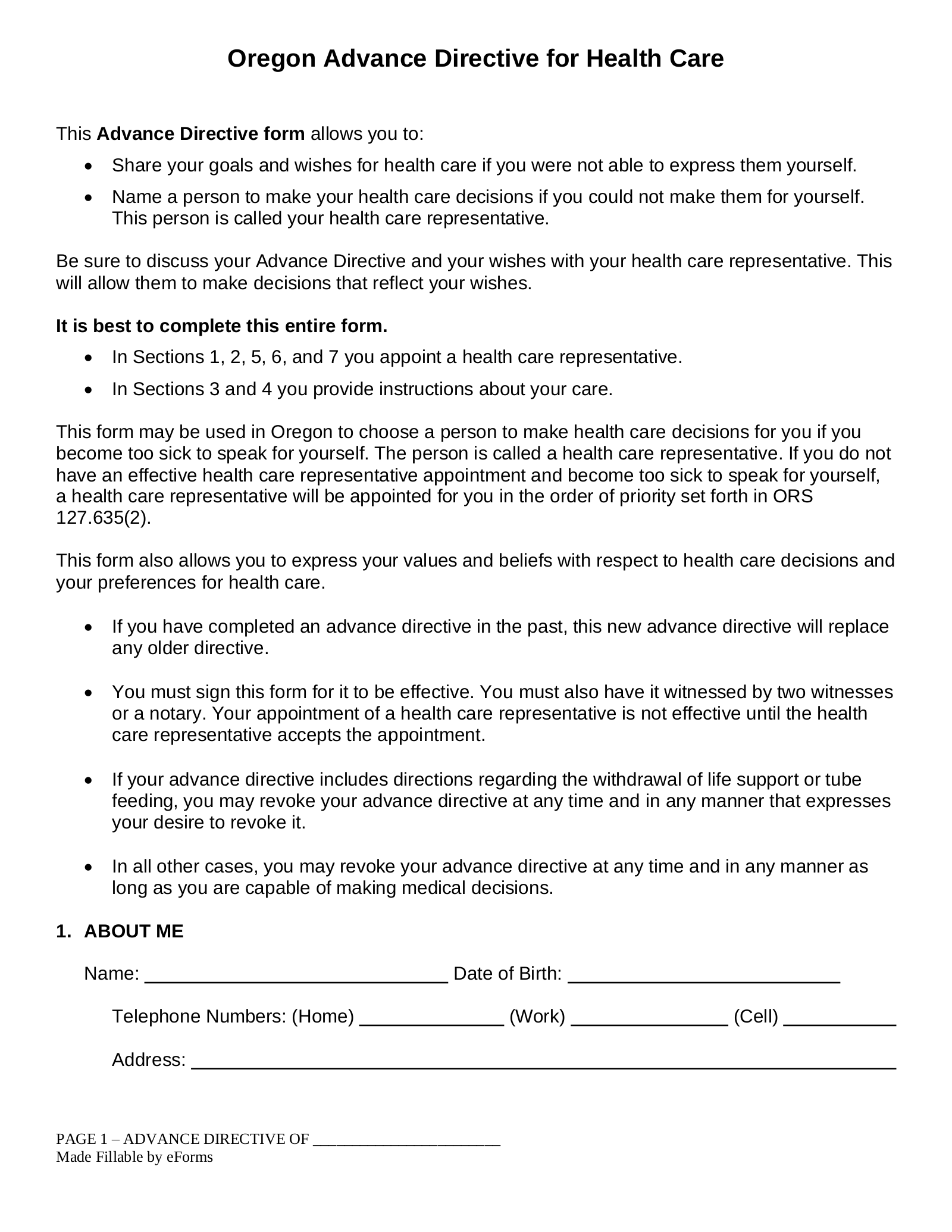 Free Oregon Advance Directive Form Template PDF Word EForms