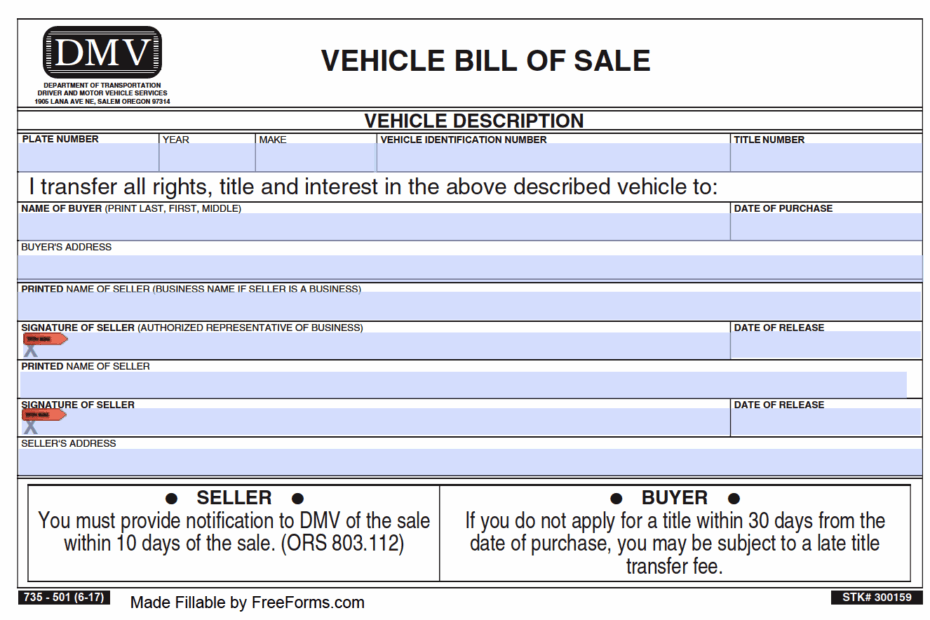Free Oregon Motor Vehicle DMV Bill Of Sale Form PDF