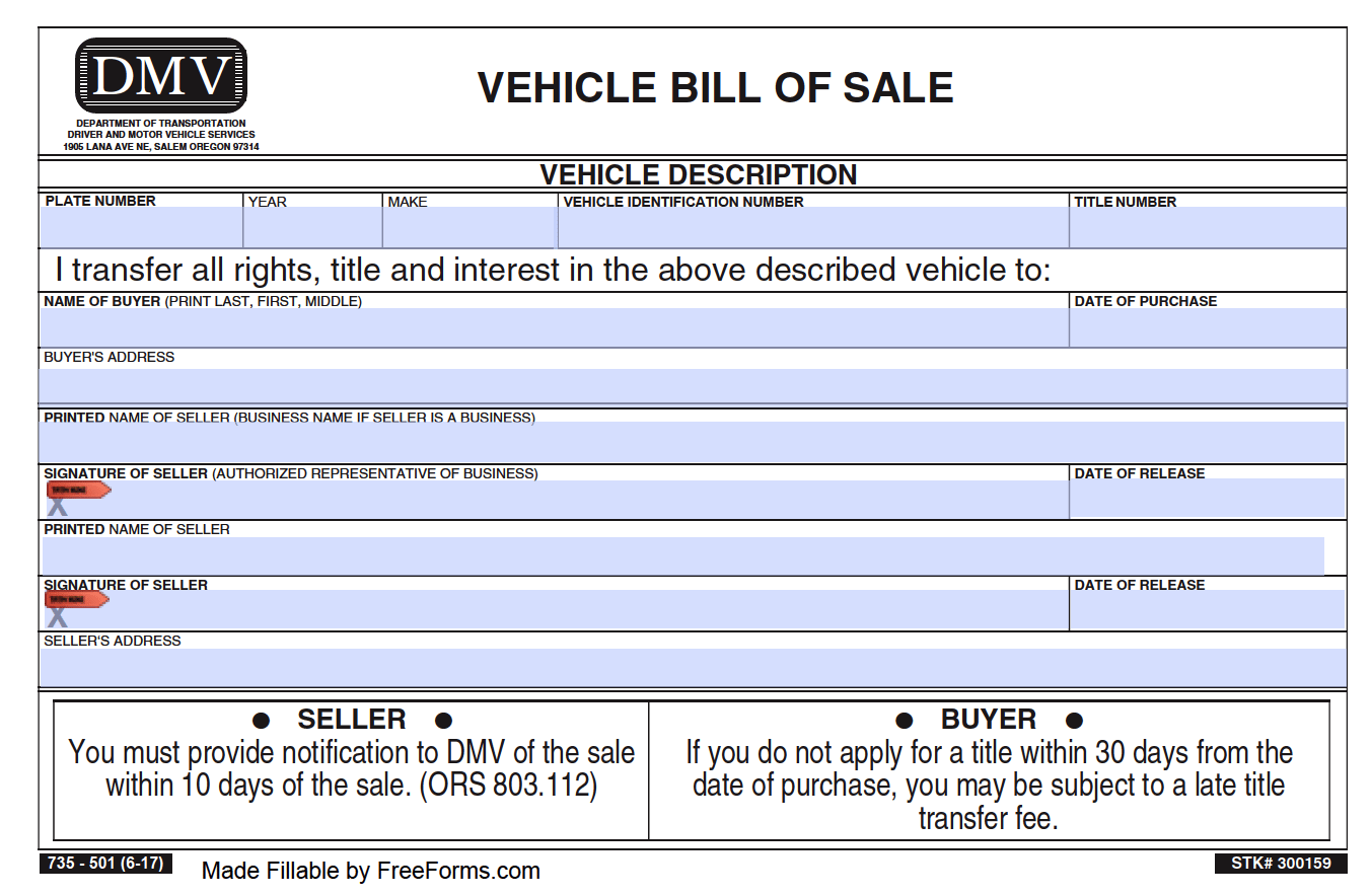 Free Oregon Motor Vehicle DMV Bill Of Sale Form PDF