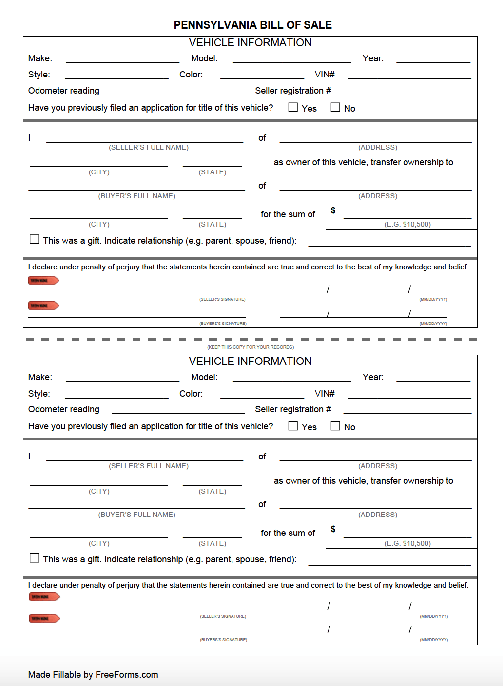 Free Pennsylvania Bill Of Sale Forms PDF