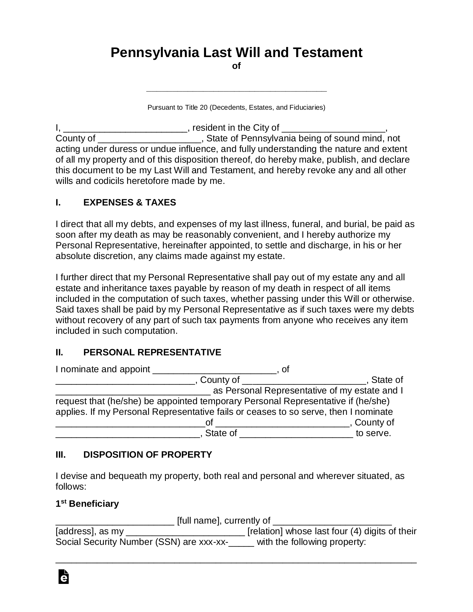 Free Pennsylvania Last Will And Testament Template PDF Word 