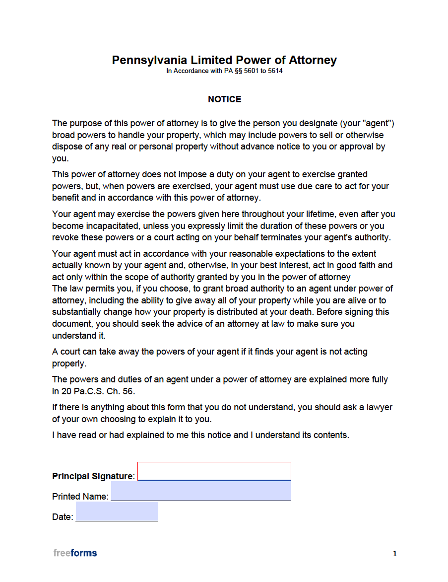 Free Pennsylvania Limited Special Power Of Attorney Form PDF 